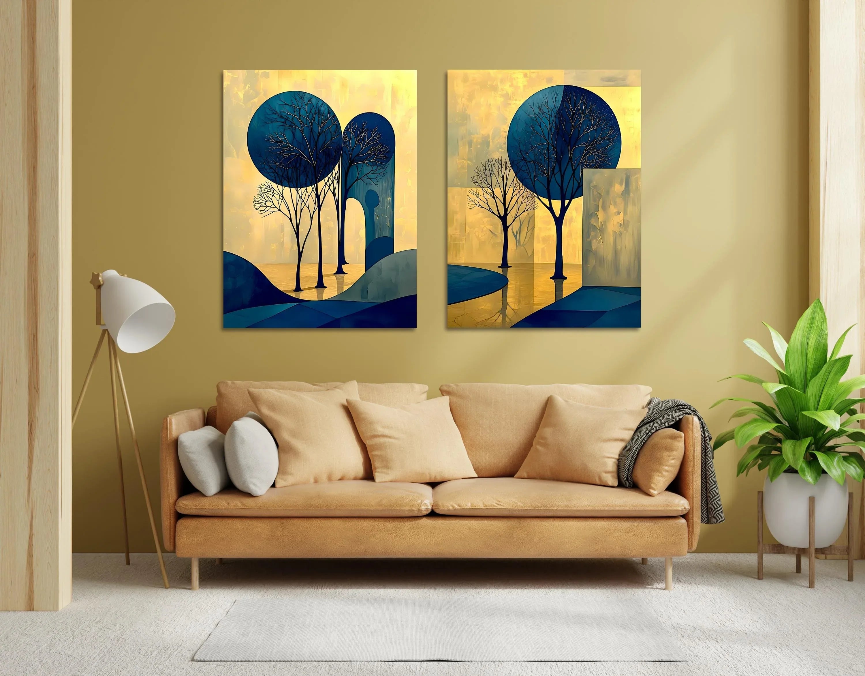 Abstract Tree Art Set: Blue and Gold Landscape Canvas or Poster - AffinityArts 