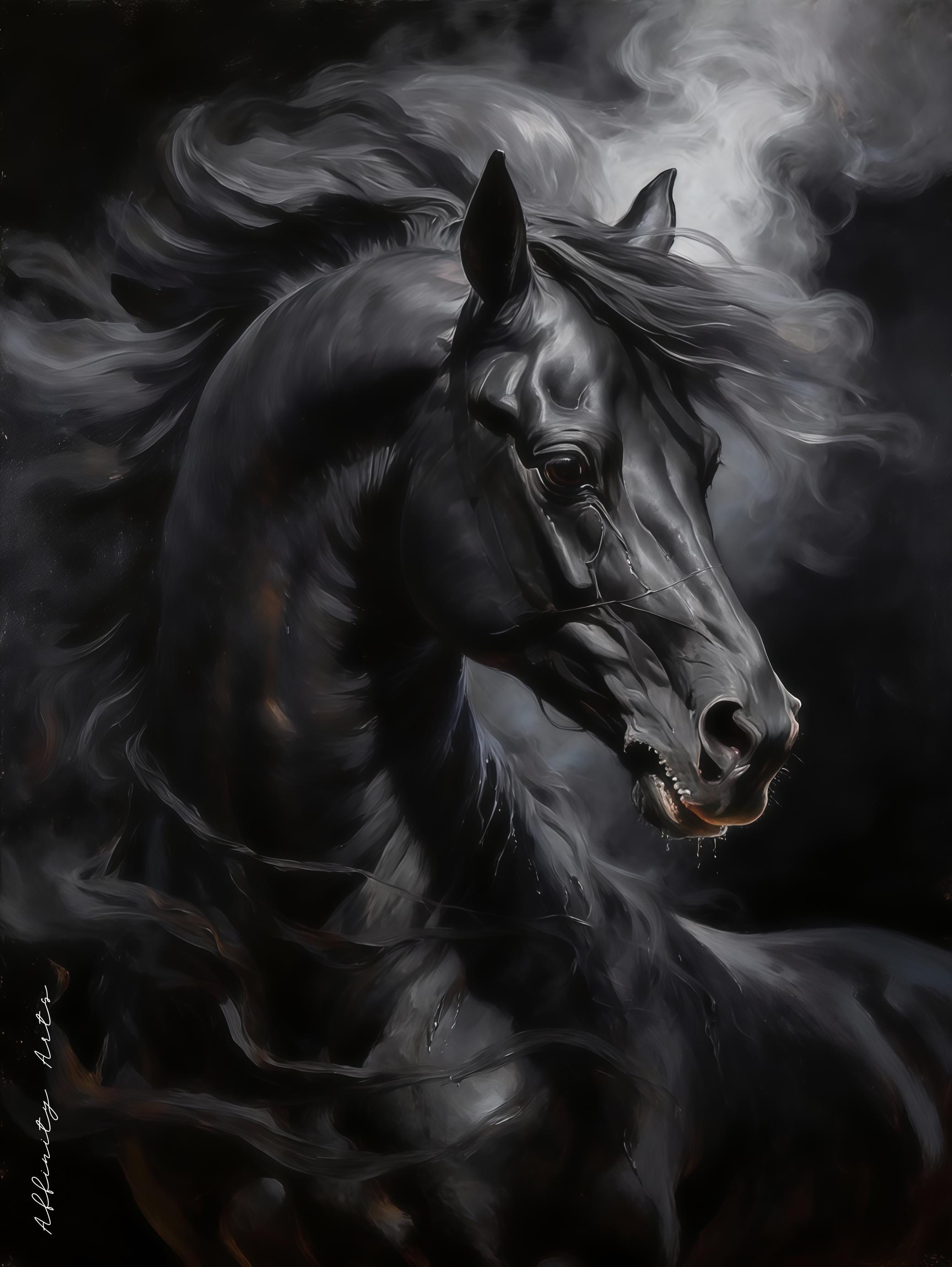 Majestic black stallion portrait with windswept mane against a smoky dark background
