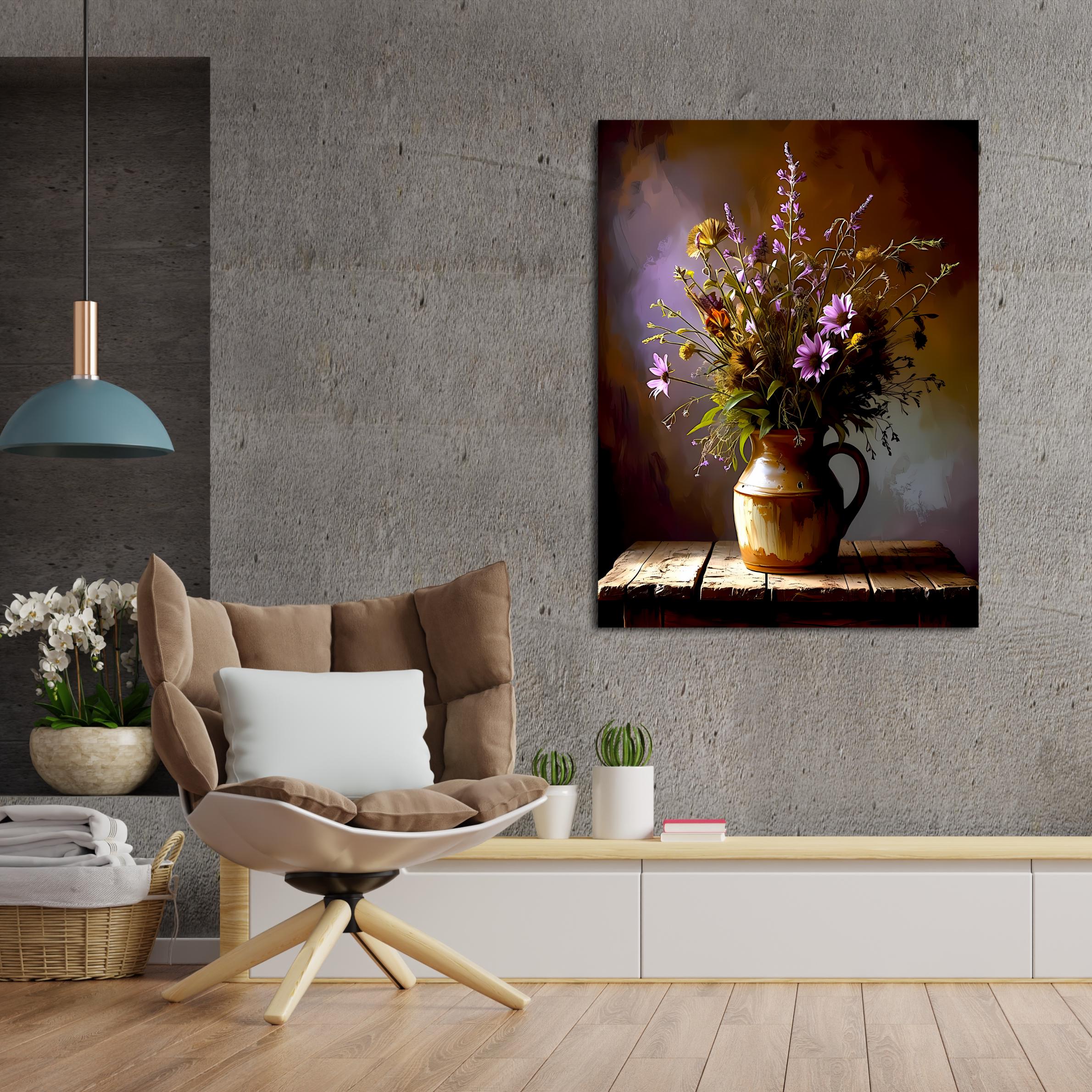 Artistic depiction of assorted field flowers arranged in a vintage ceramic vase on wood.