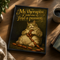 Funny fat cat clutching sausages under gold vintage text, kitchen wall art print
