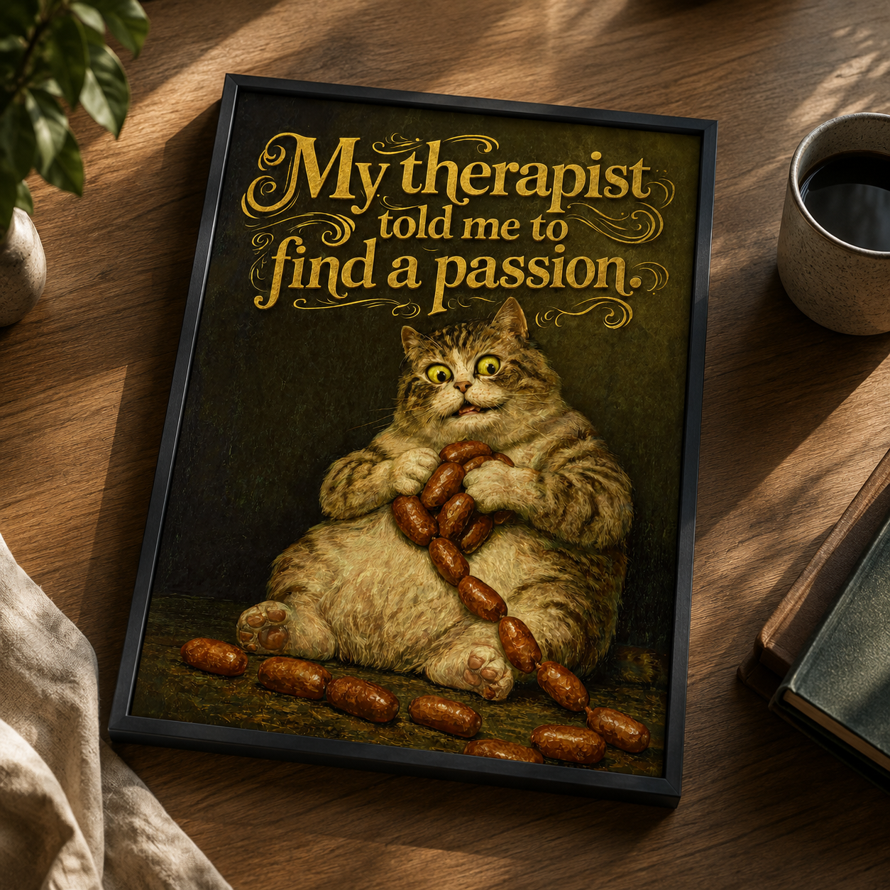 Funny fat cat clutching sausages under gold vintage text, kitchen wall art print