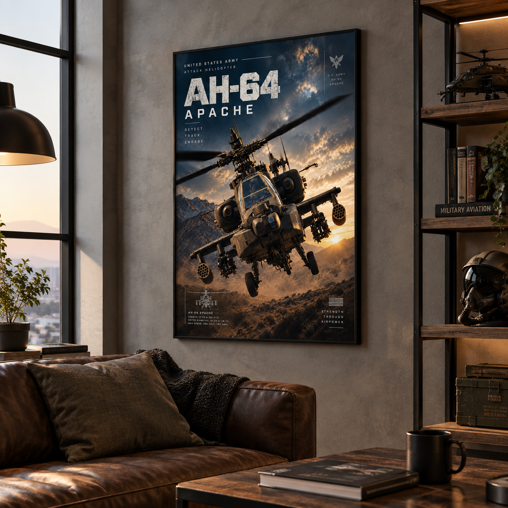 Army aircraft poster featuring AH-64 Apache attack helicopter