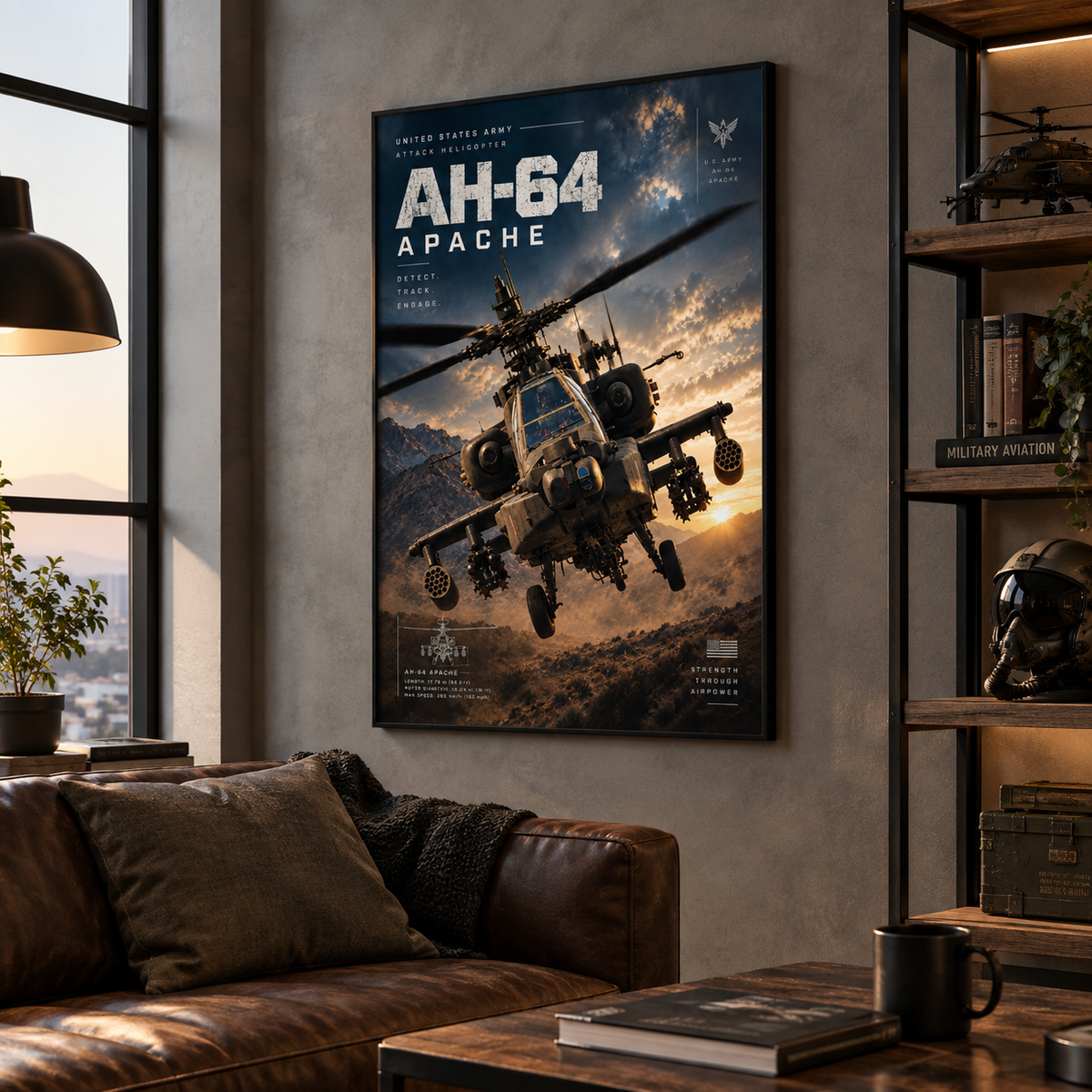 Army aircraft poster featuring AH-64 Apache attack helicopter