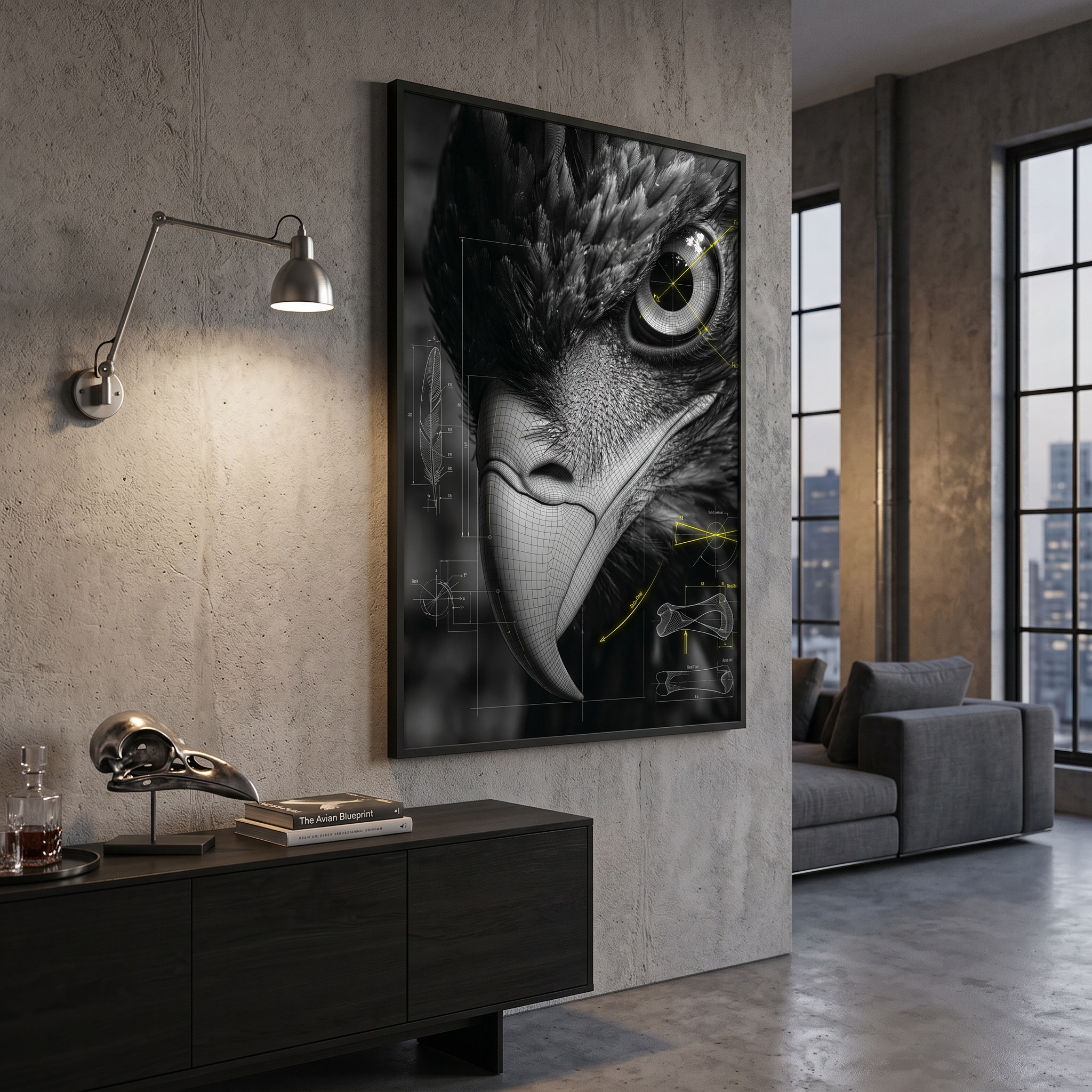 An eye that watches back — eagle blueprint wall art for spaces that hold their own energy