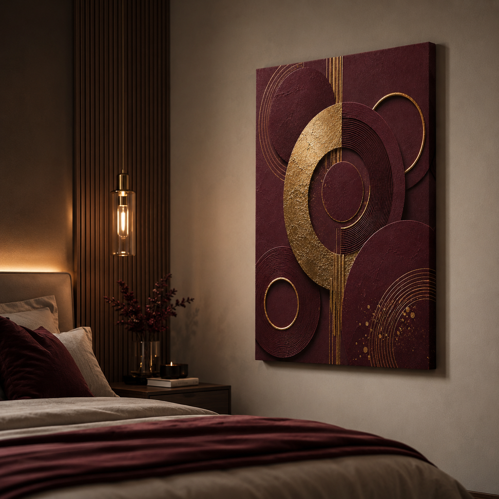 Burgundy canvas print faux gold texture wall art gallery wrap, jewel-tone ring design for rich statement décor.