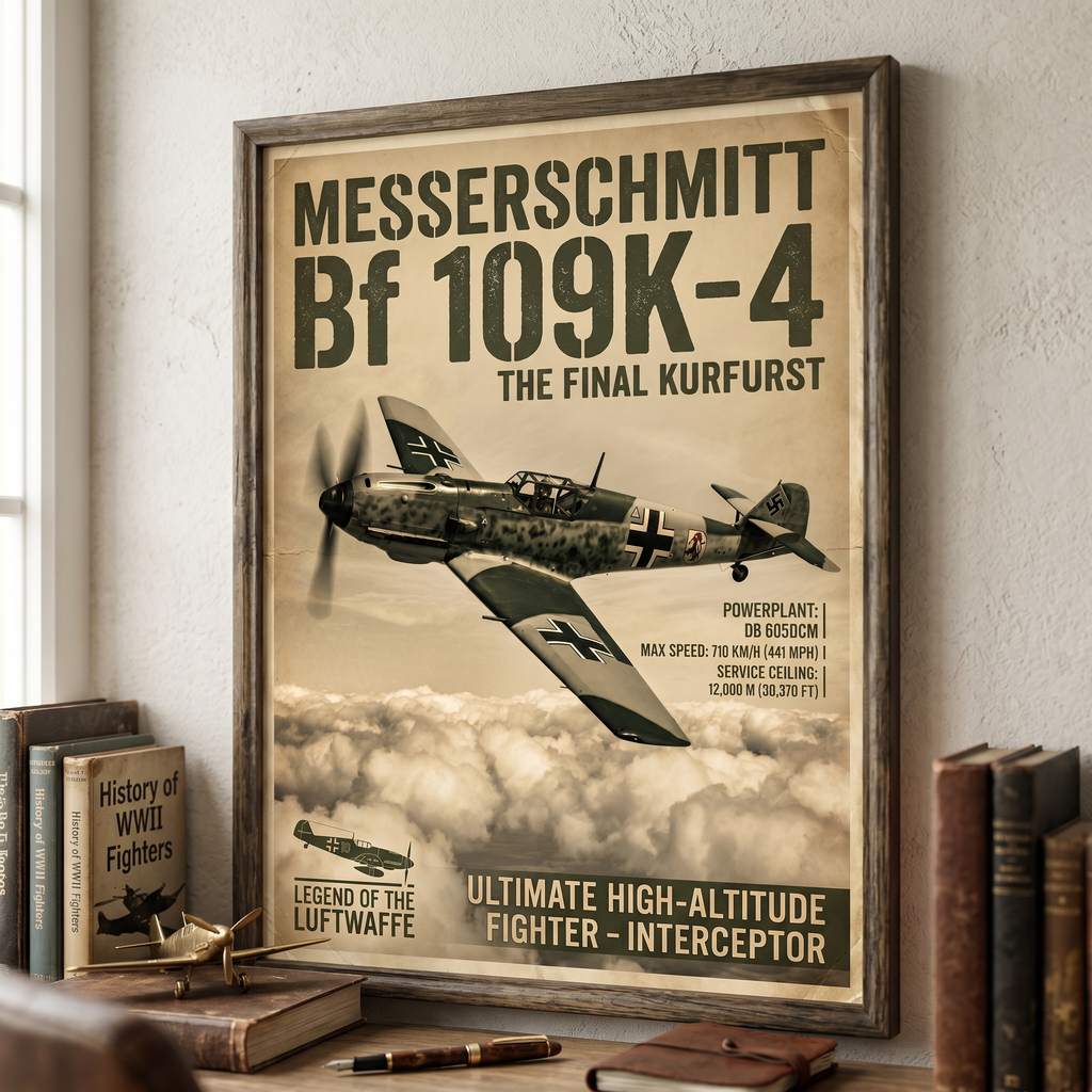 WWII poster print on white wall — Messerschmitt Bf 109 aviation wall art,  framed living room