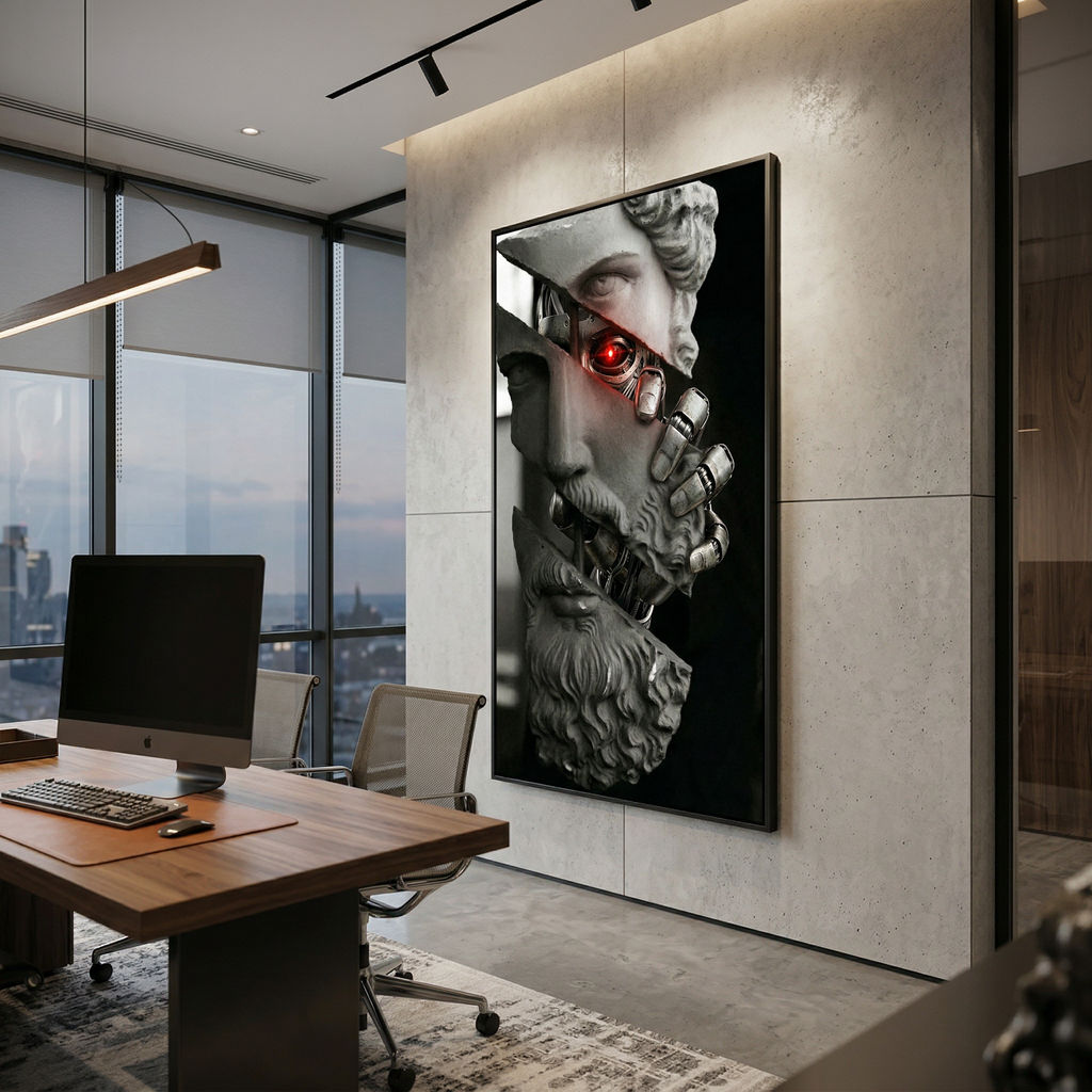 Gallery wrap canvas side view — greek statue cyberpunk print, 1.5in frame depth, no additional framing needed