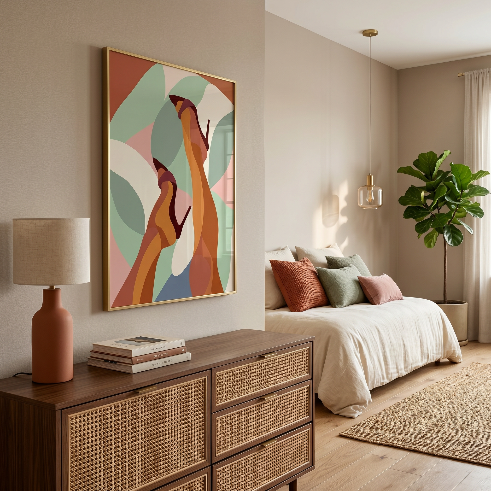 Sage green wall art — abstract heels print, terracotta and dusty pink background, vertical format