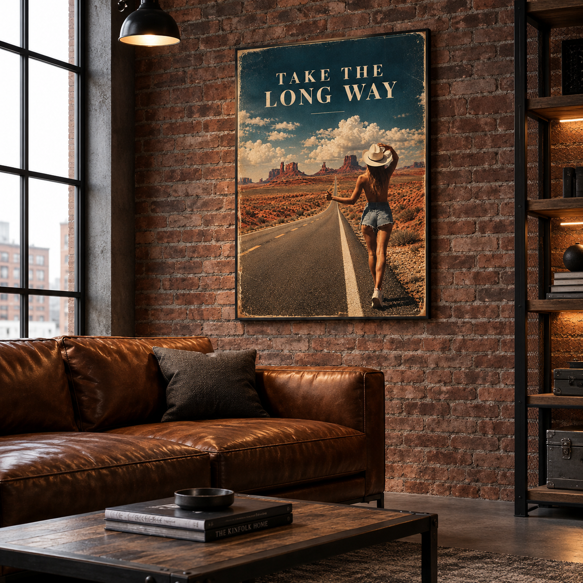 Unframed vertical poster, 3:4 composition, vintage Southwest road trip artwork with cream title lettering