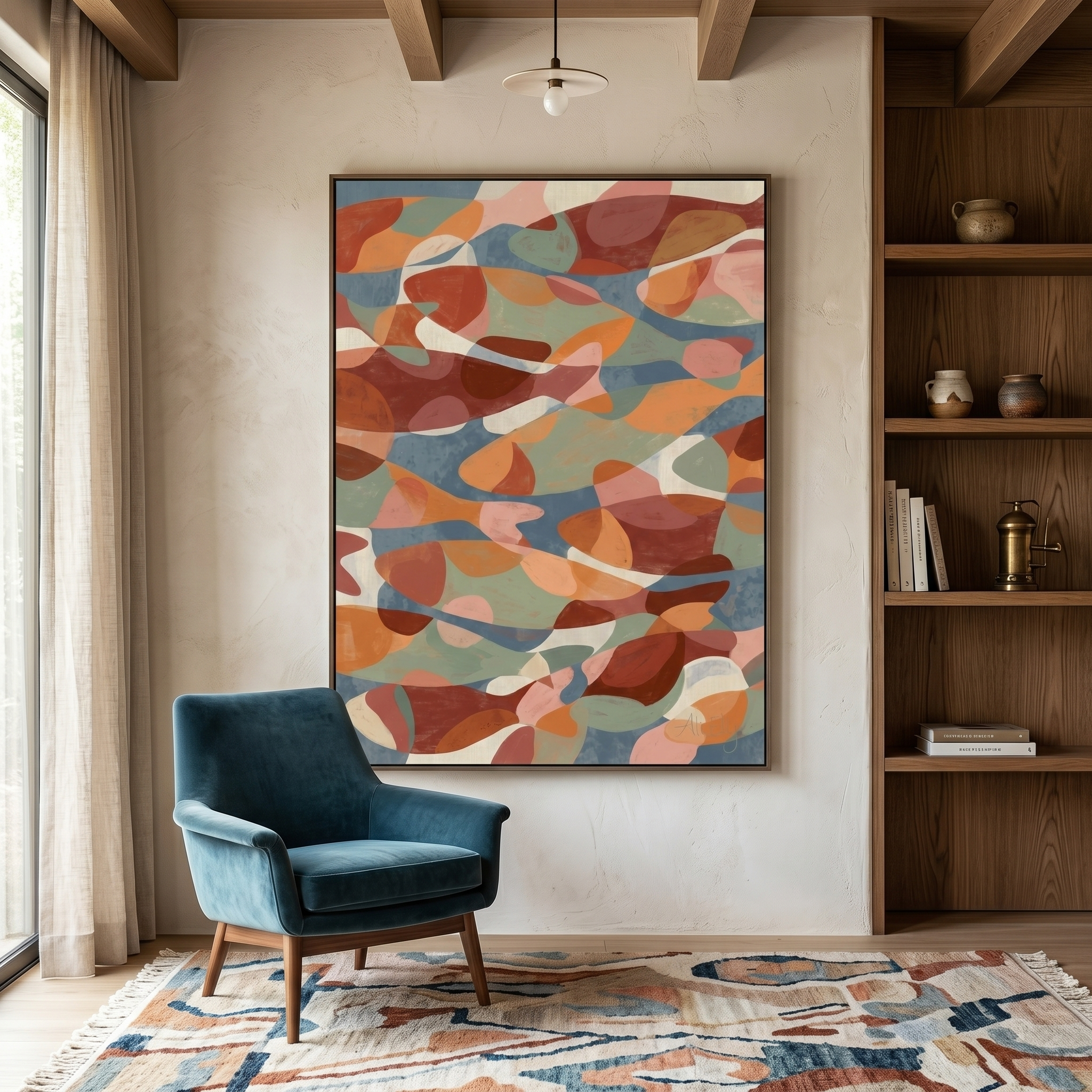 Terracotta, burgundy, sage and blue — a whole shoal caught mid-movement, organic and unhurried