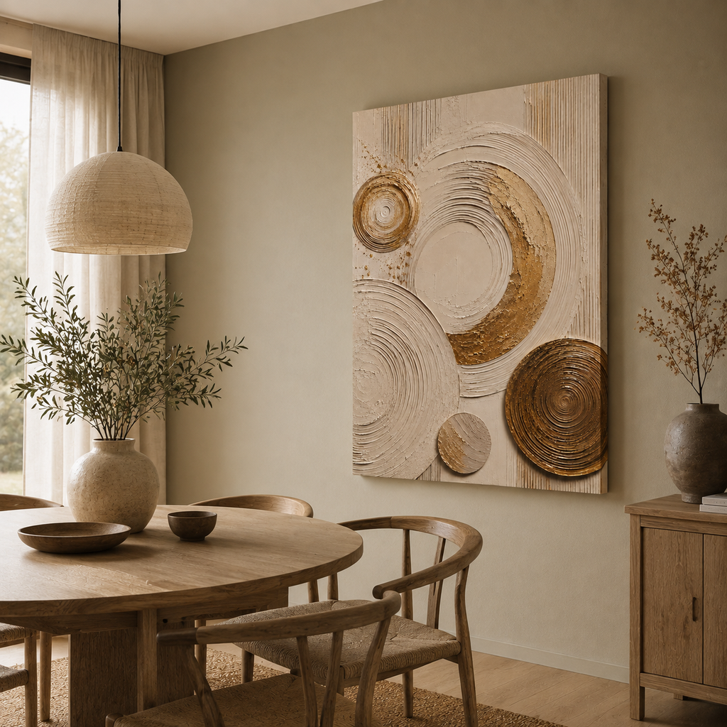 Cream canvas print faux texture wall art gallery wrap, soft gold splatter abstract circles for neutral home décor.