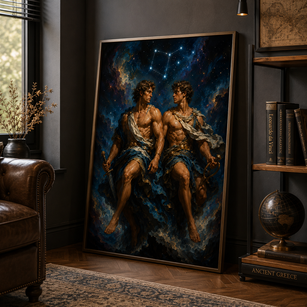 Celestial wall art featuring deep blue and gold tones, Gemini theme