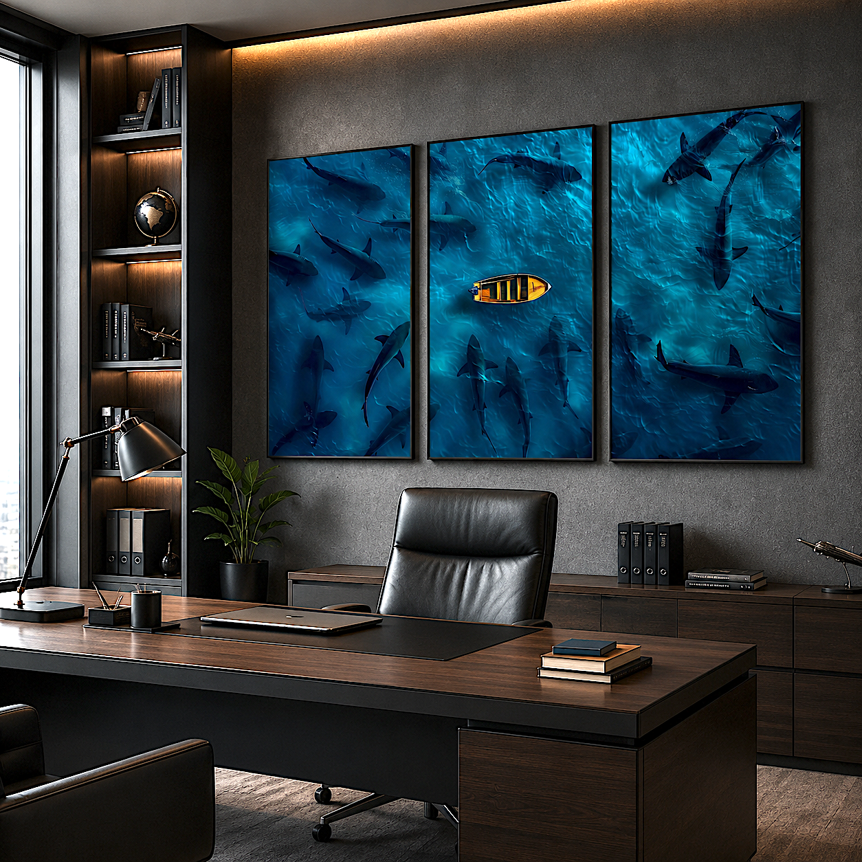 Poster dark: Deep sea wall art bringing quiet tension into a dark home office