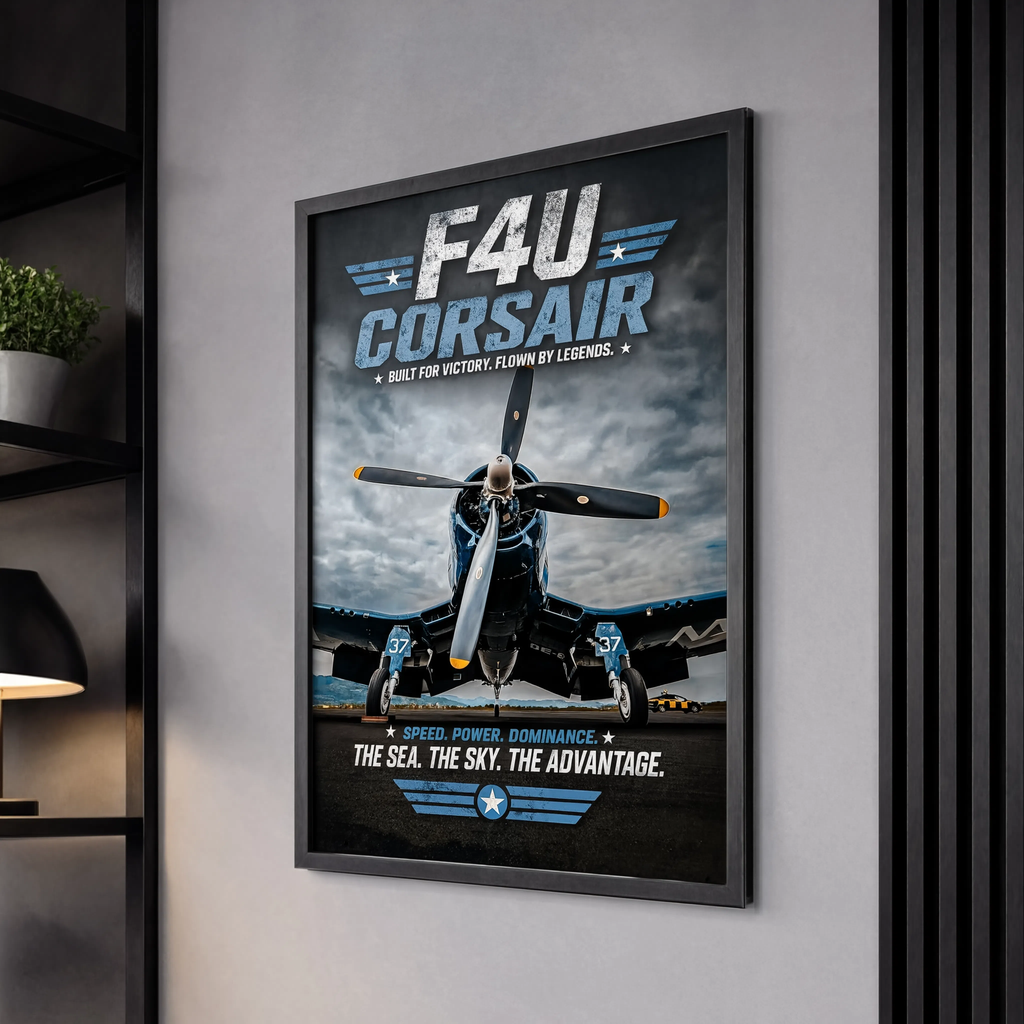 F4U Corsair print detail showing aircraft nose art and propeller