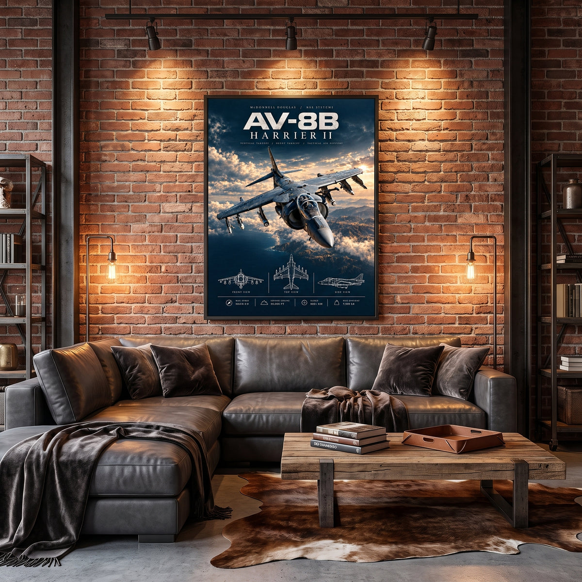 Aviation wall art of a Marine Corps Harrier flying over clouds and rugged mountains, a gift for pilots and veterans