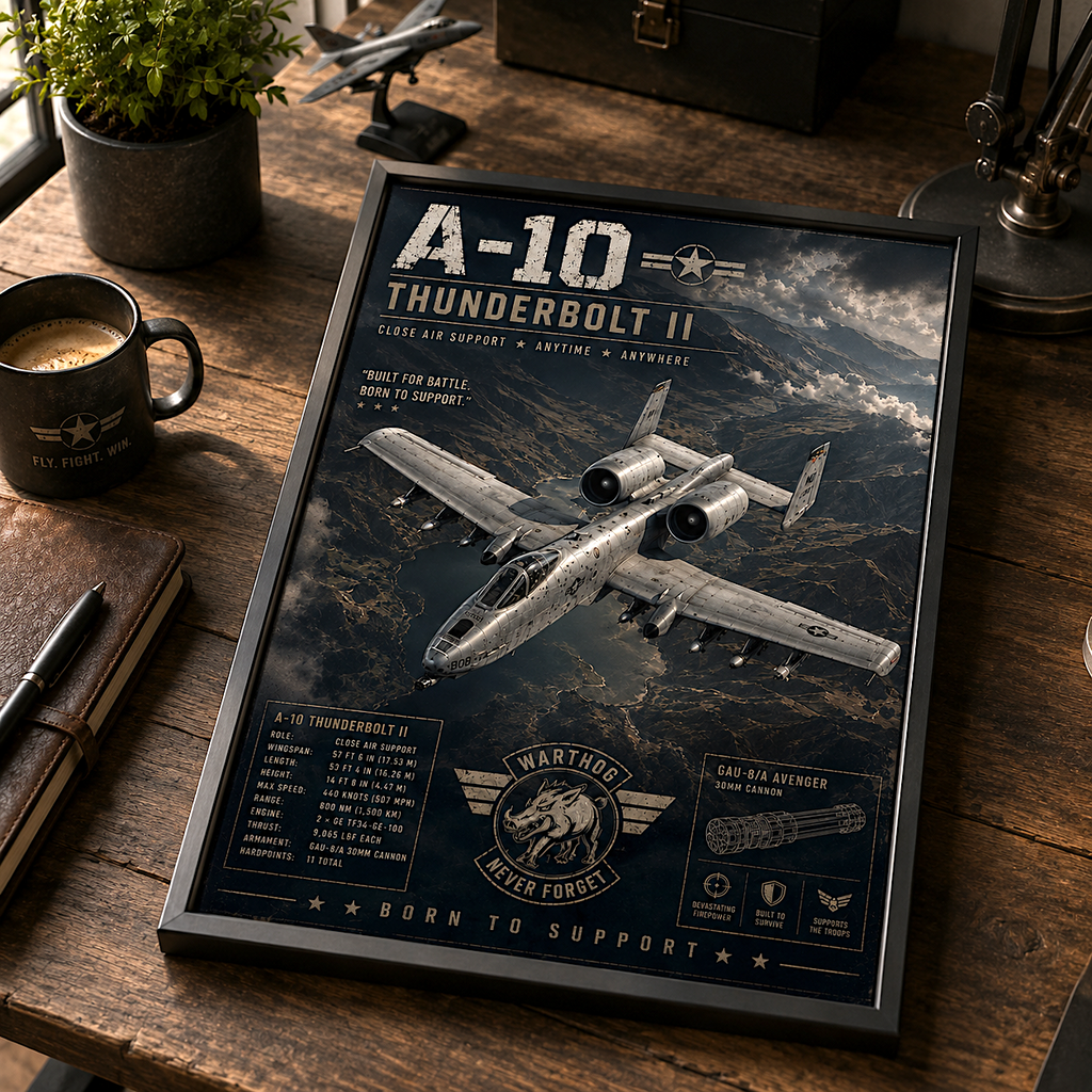 Military jet print on a garage wall — quiet tribute to strength and craft