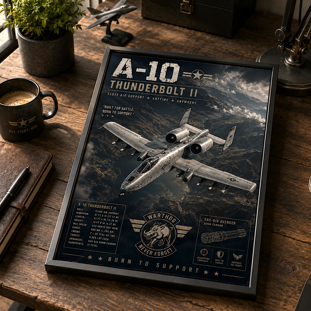 Military jet print on a garage wall — quiet tribute to strength and craft