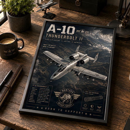 Military jet print on a garage wall — quiet tribute to strength and craft