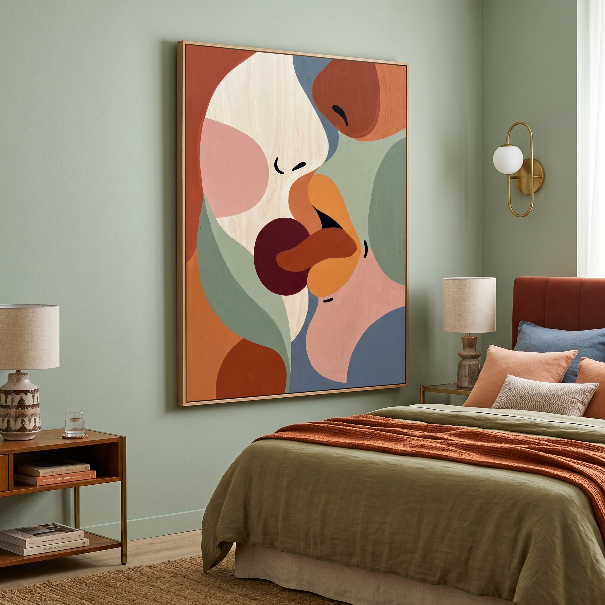 Two abstract faces almost kissing — romantic art print in earthy terracotta and sage green for bedroom wall