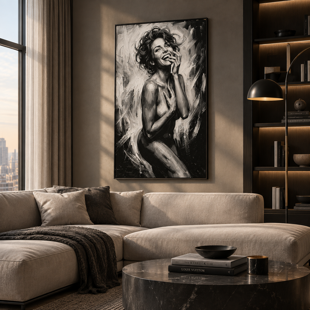 Woman silhouette art print close-up showing brushwork detail