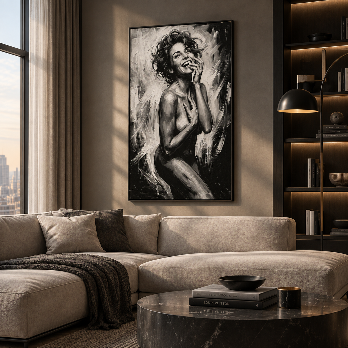 Woman silhouette art print close-up showing brushwork detail