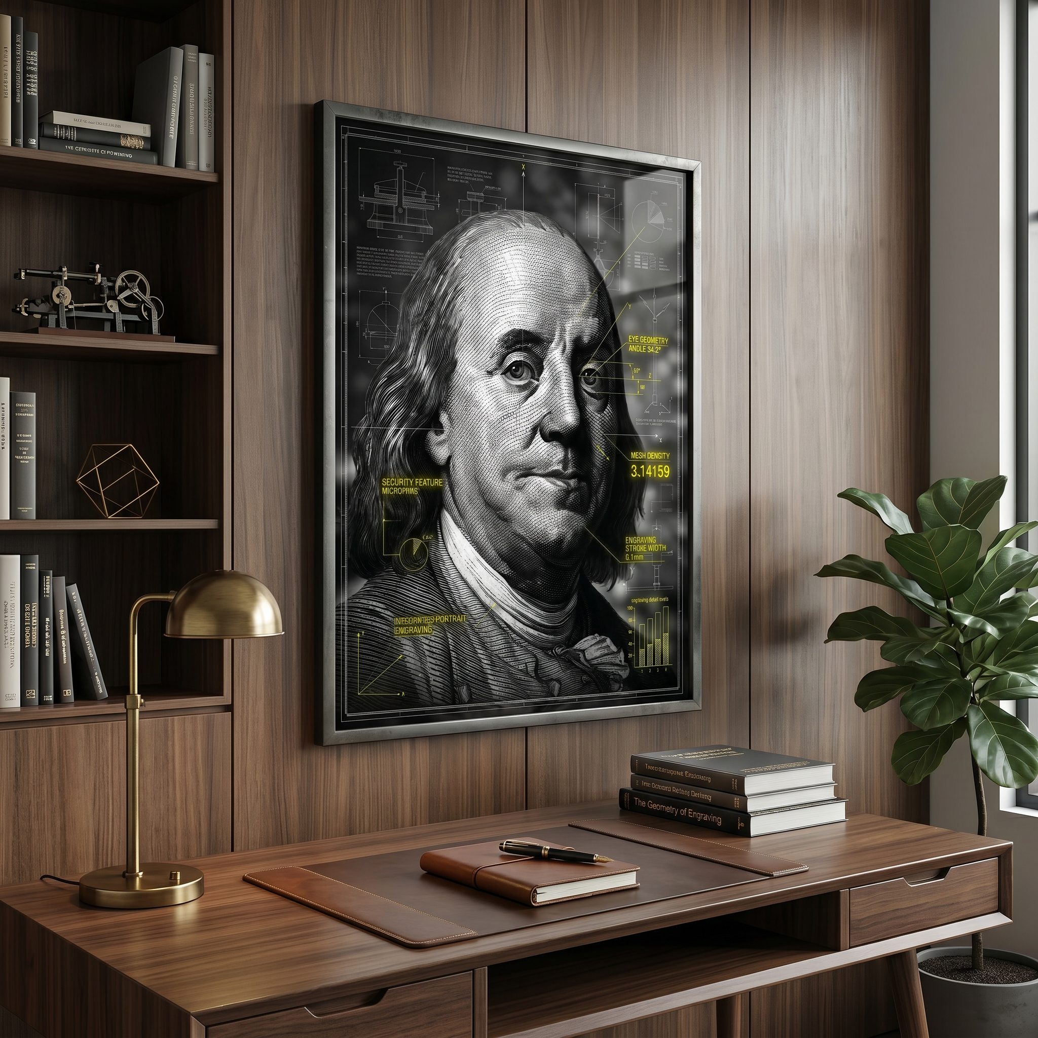 Franklin poster print in dark home office – blueprint art decor, charcoal wall, directional lighting