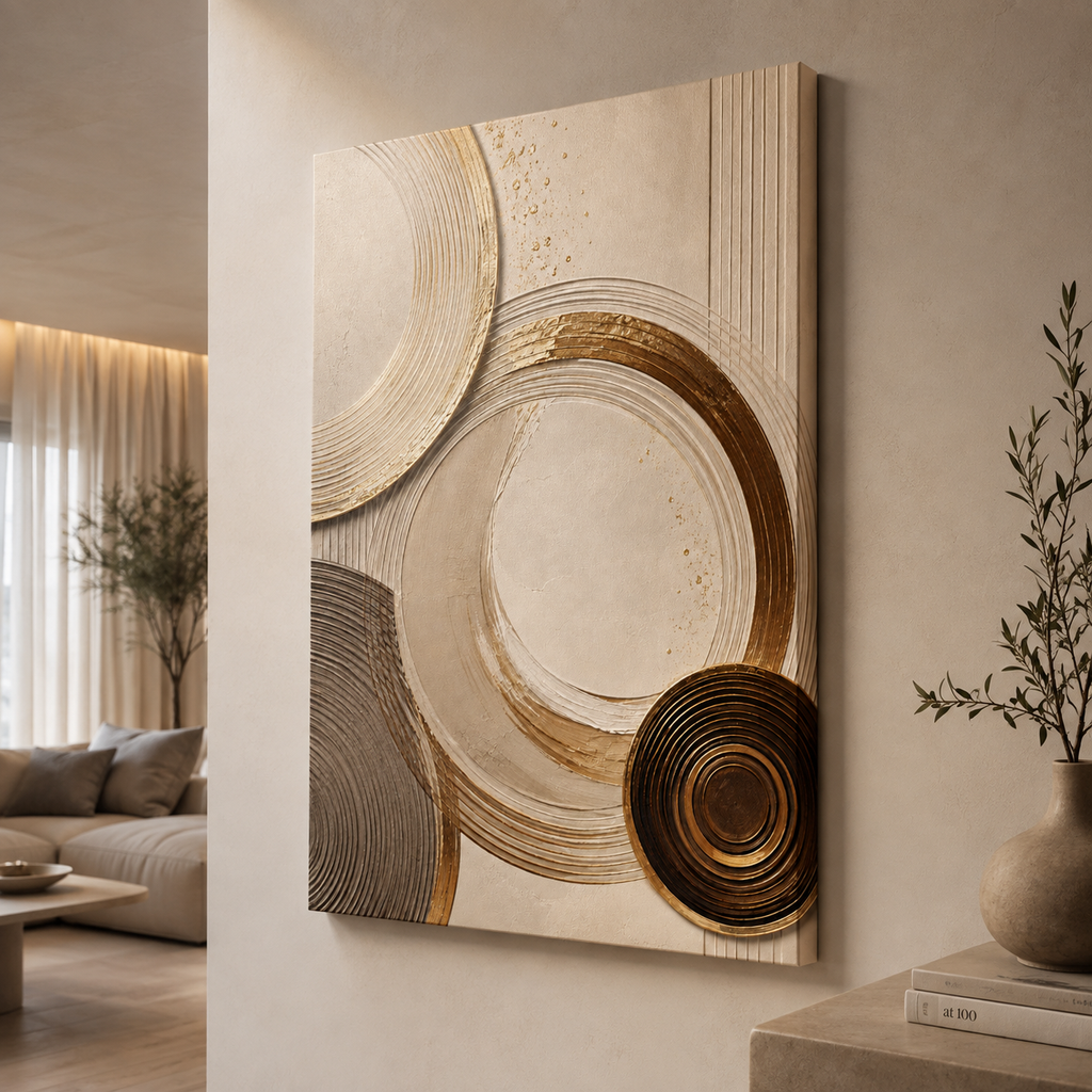 Warm gold and bronze circle print, ready to hang wall decor