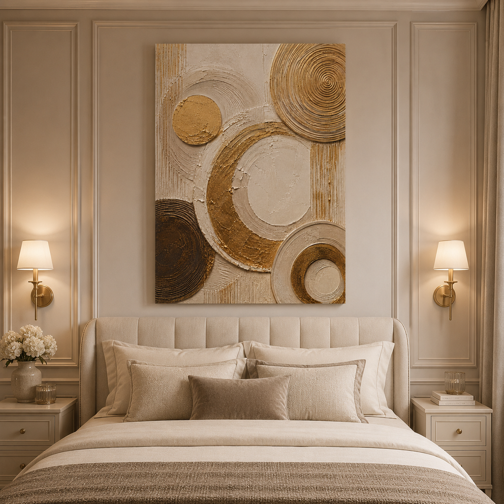 Canvas: Ivory canvas print faux gold texture wall art gallery wrap, abstract circular plaster-effect design for modern home décor