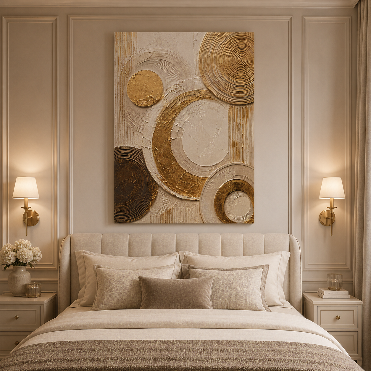 Canvas: Ivory canvas print faux gold texture wall art gallery wrap, abstract circular plaster-effect design for modern home décor