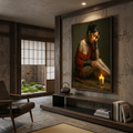 Samurai woman sits alone after the battle — sword on the floor, hand to her temple, candle burning — japanese art print for honest walls
