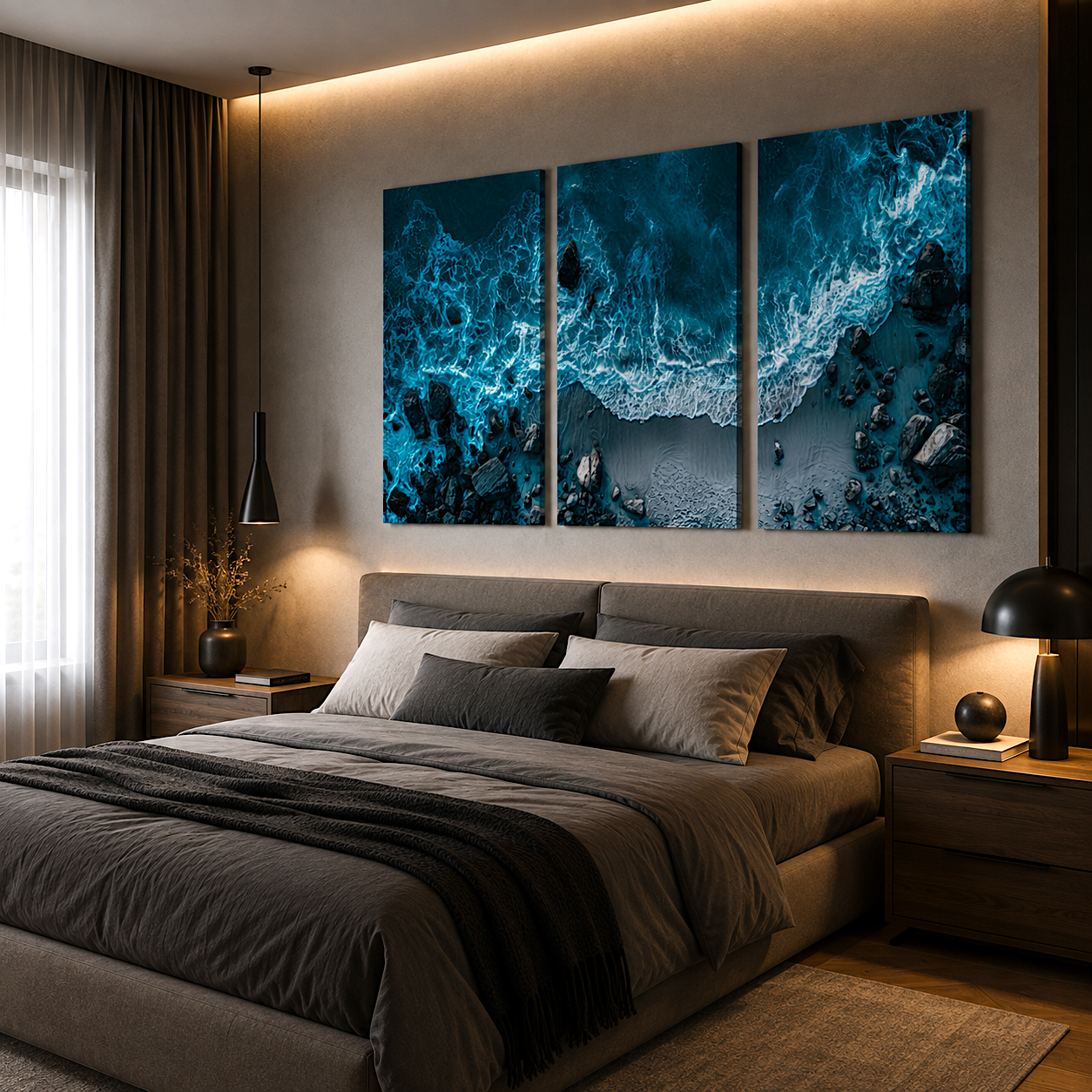 Moody ocean painting print in bedroom, dark teal wall art atmosphere
