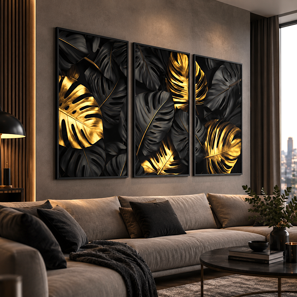 Warm bedroom glow meets bold black gold decor above the headboard