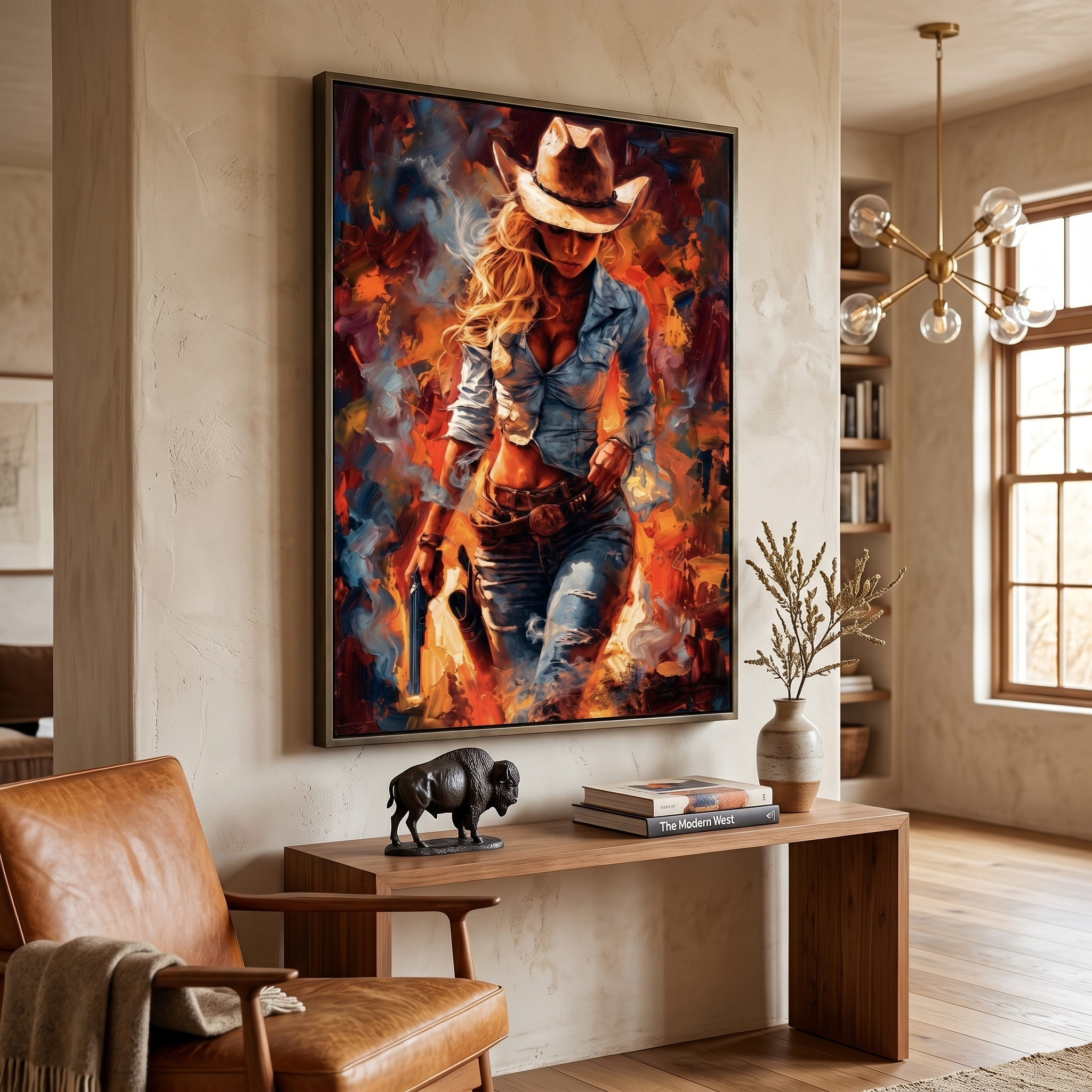 Western art canvas print — cowgirl with pistol, fire and smoke, polycotton stretched canvas
