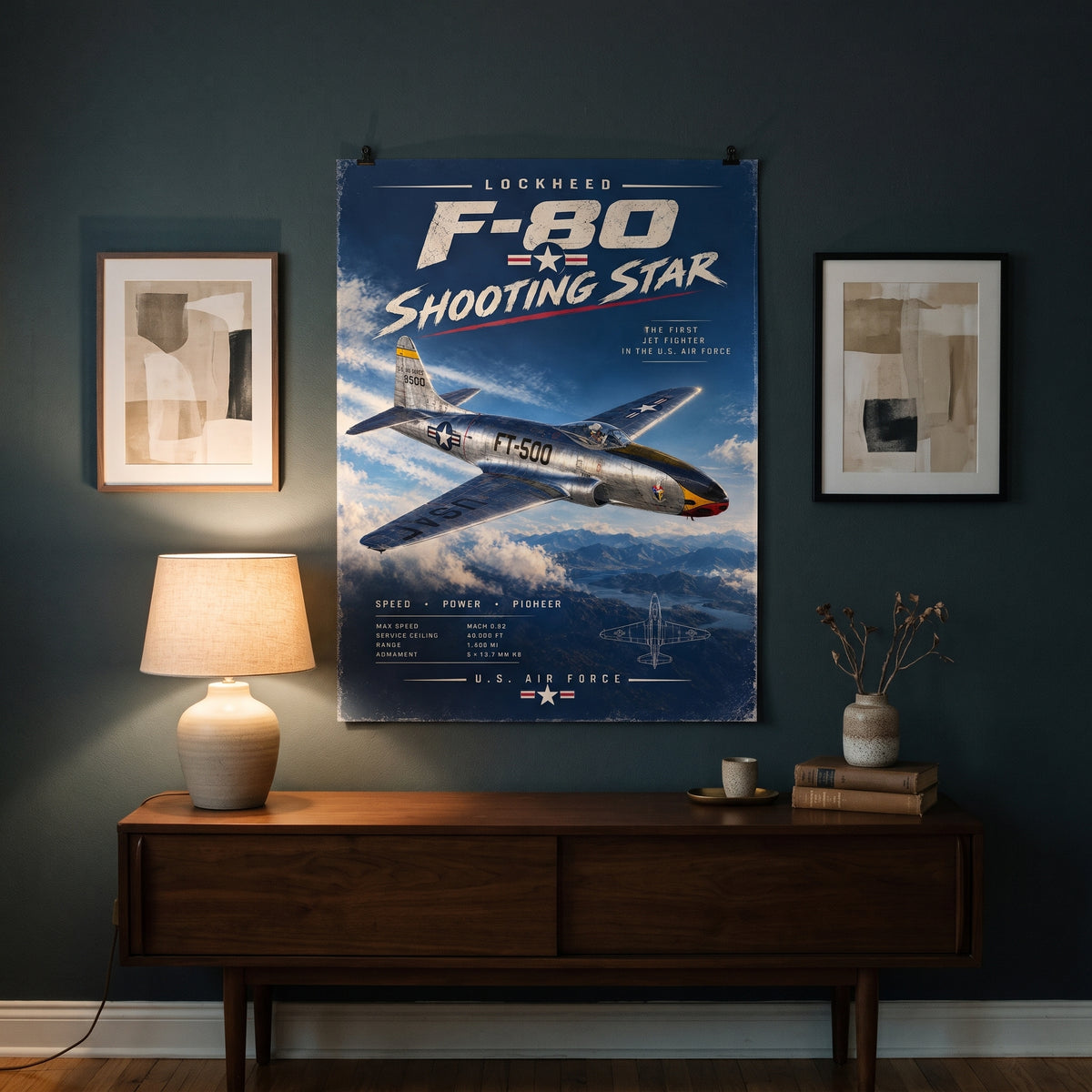 Tagline “The First Jet Fighter in the U.S. Air Force” with the words Speed, Power, Pioneer on a military aircraft art poster