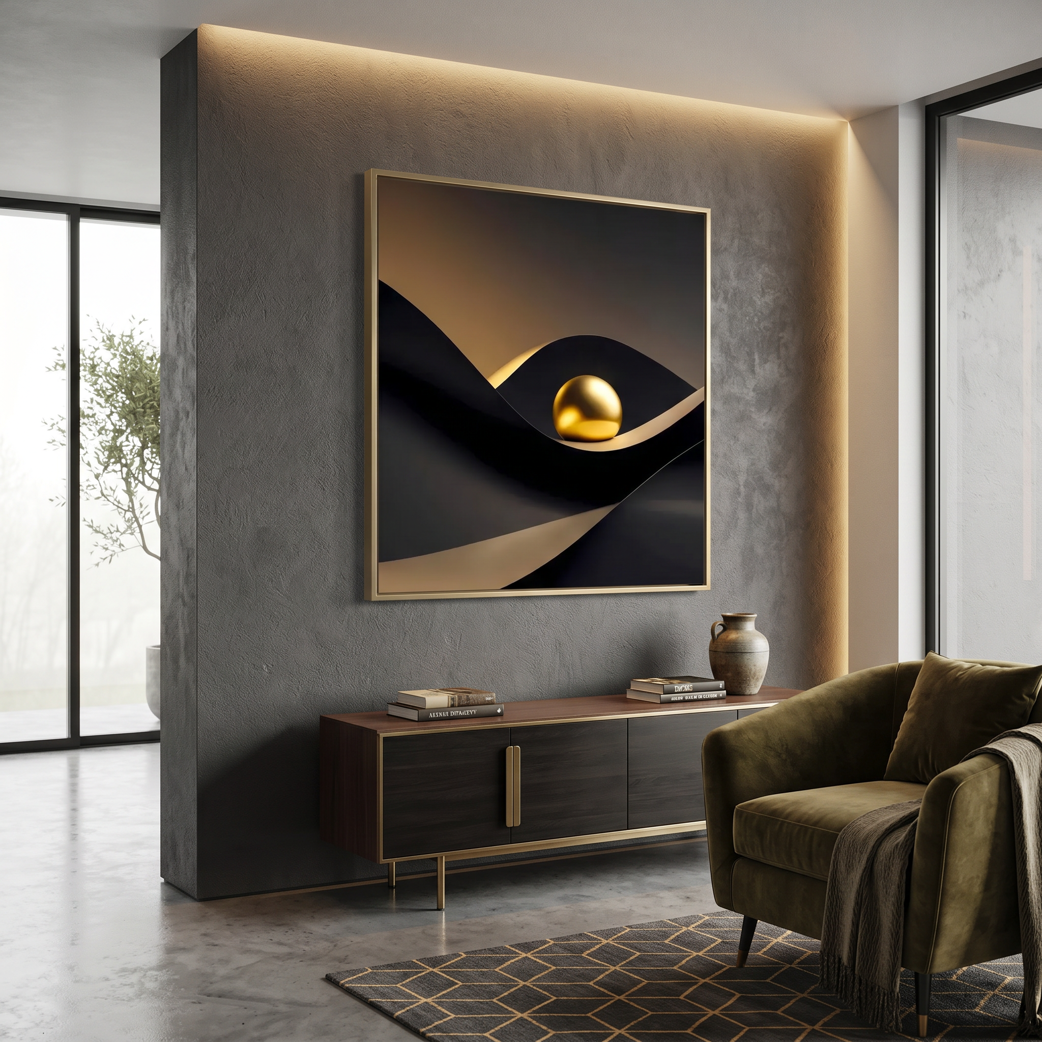 Golden orb nestled between sleek black and gold curves, abstract poster
