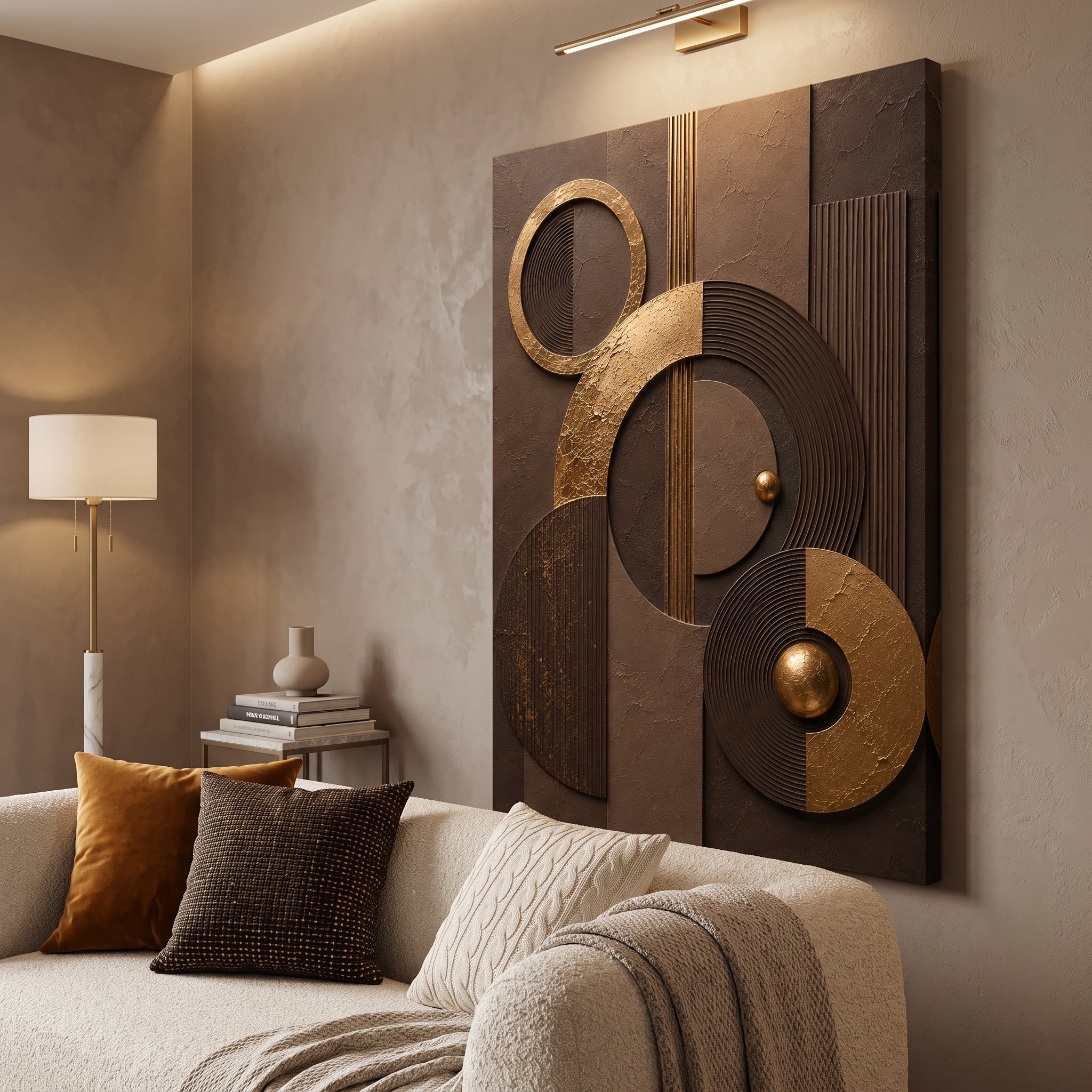 Chocolate brown canvas print faux gold texture wall art gallery wrap, moody sphere circle design for rich home décor.