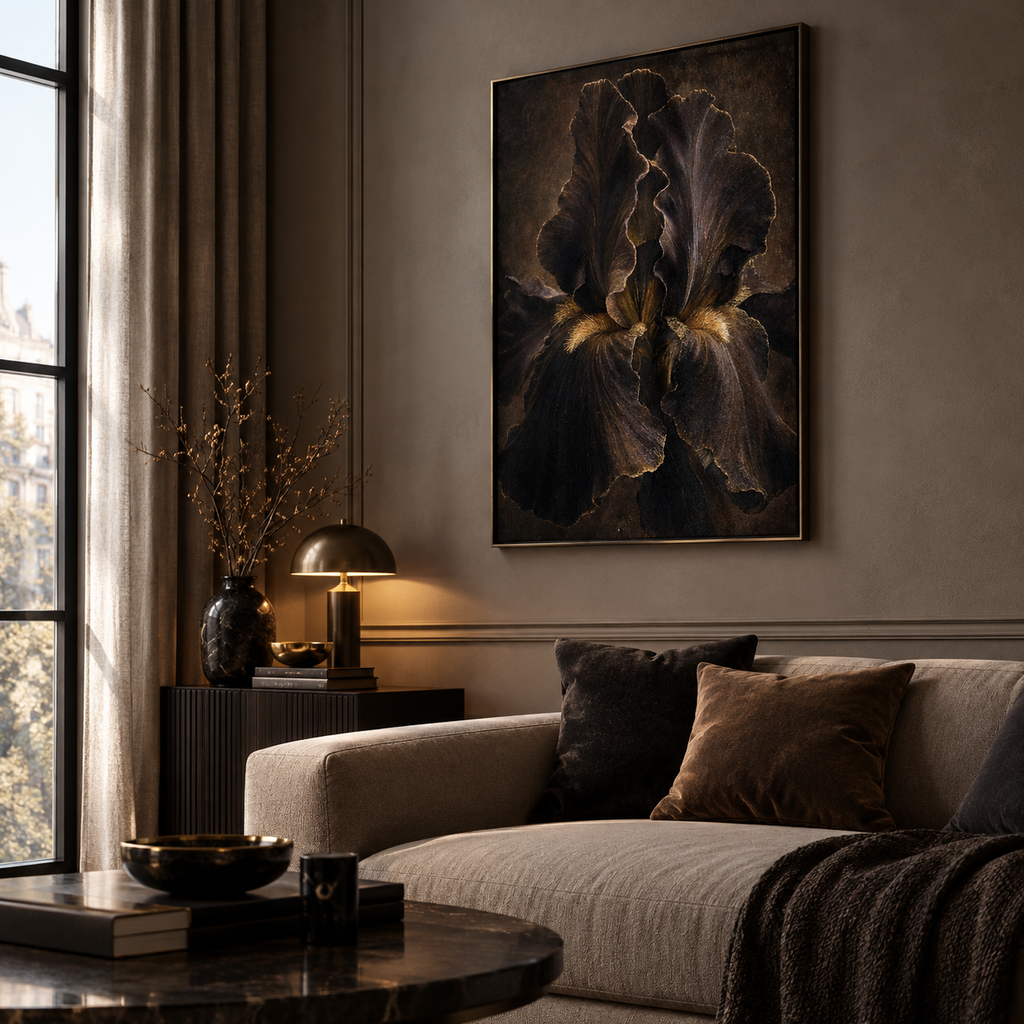 Premium matte poster print of a moody botanical iris close-up