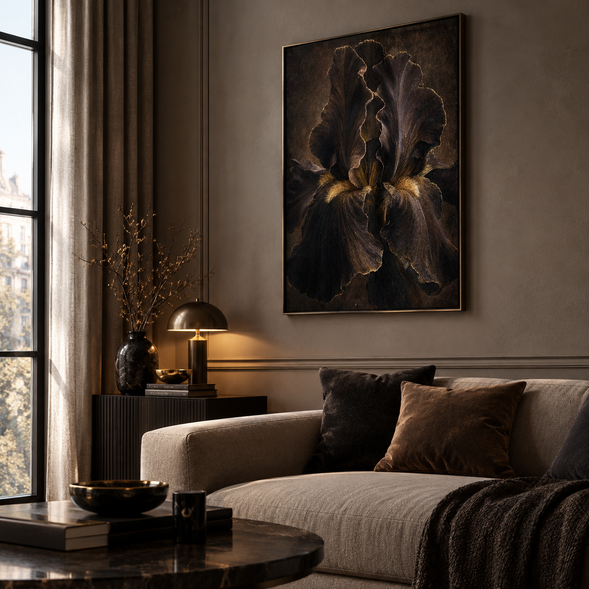 Premium matte poster print of a moody botanical iris close-up