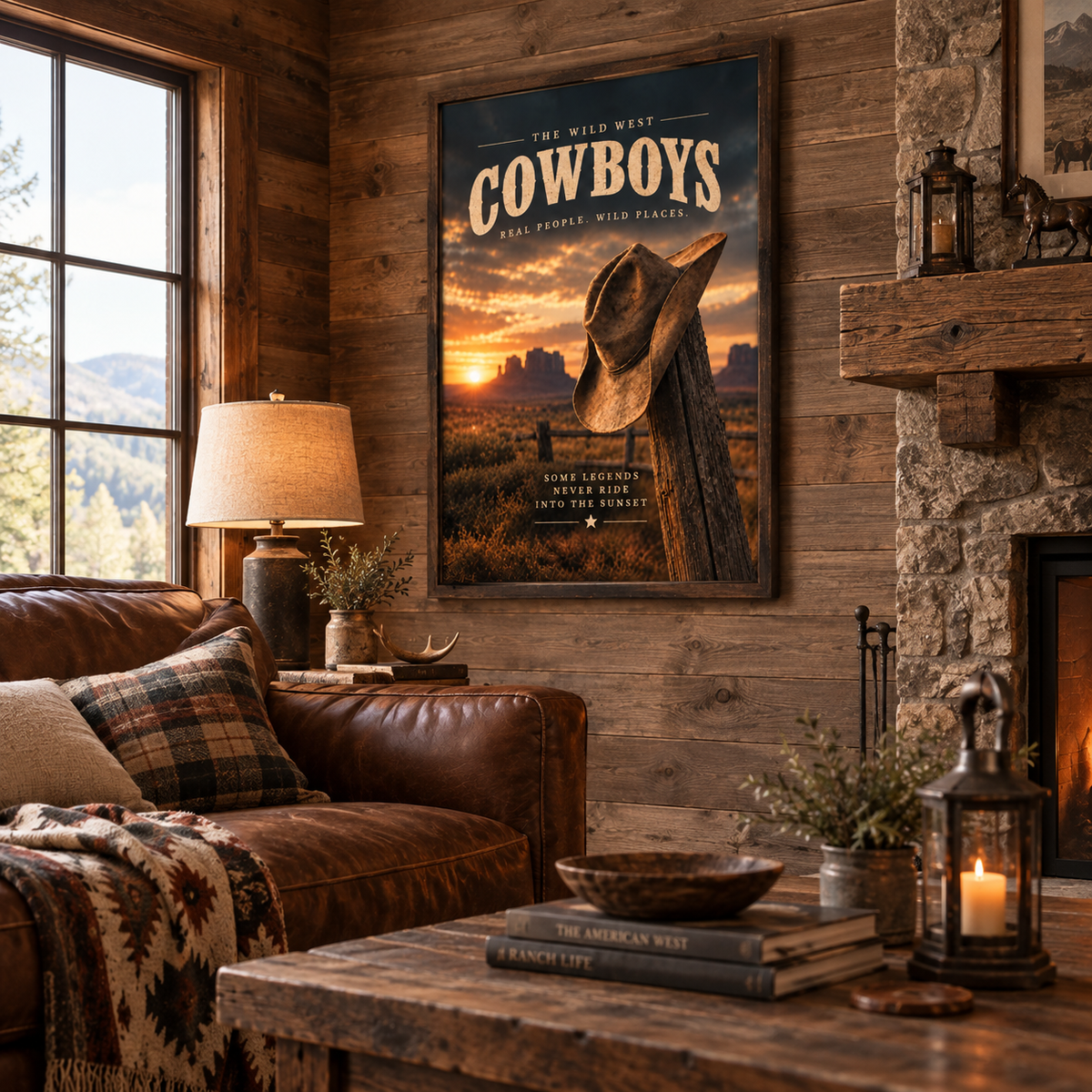 Premium matte paper cowboy print, close view of the poster's rich warm colors