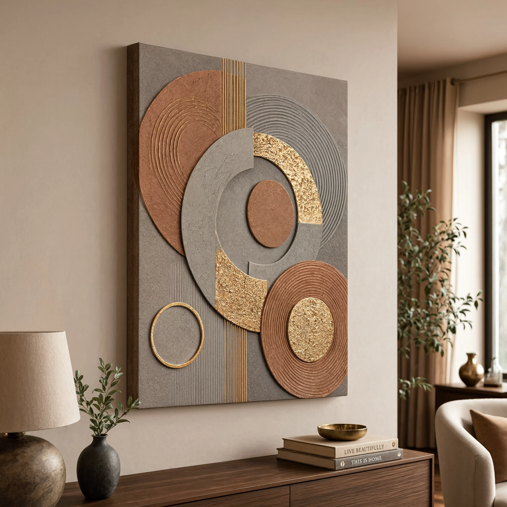 Terracotta canvas print faux gold texture wall art gallery wrap, warm earthy circle design for cozy home décor