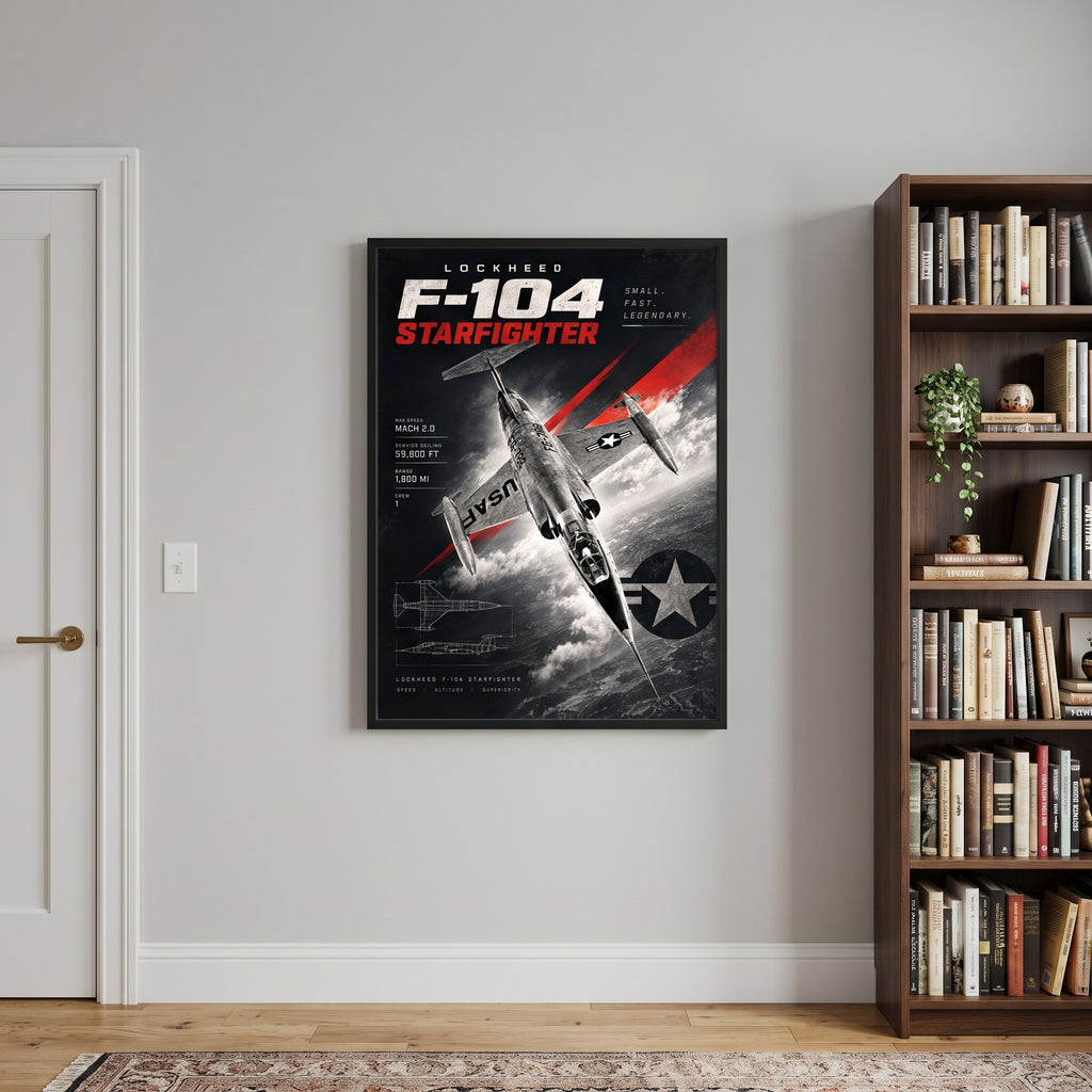 Poster spec callouts listing max speed, service ceiling, range and crew for the Lockheed F-104