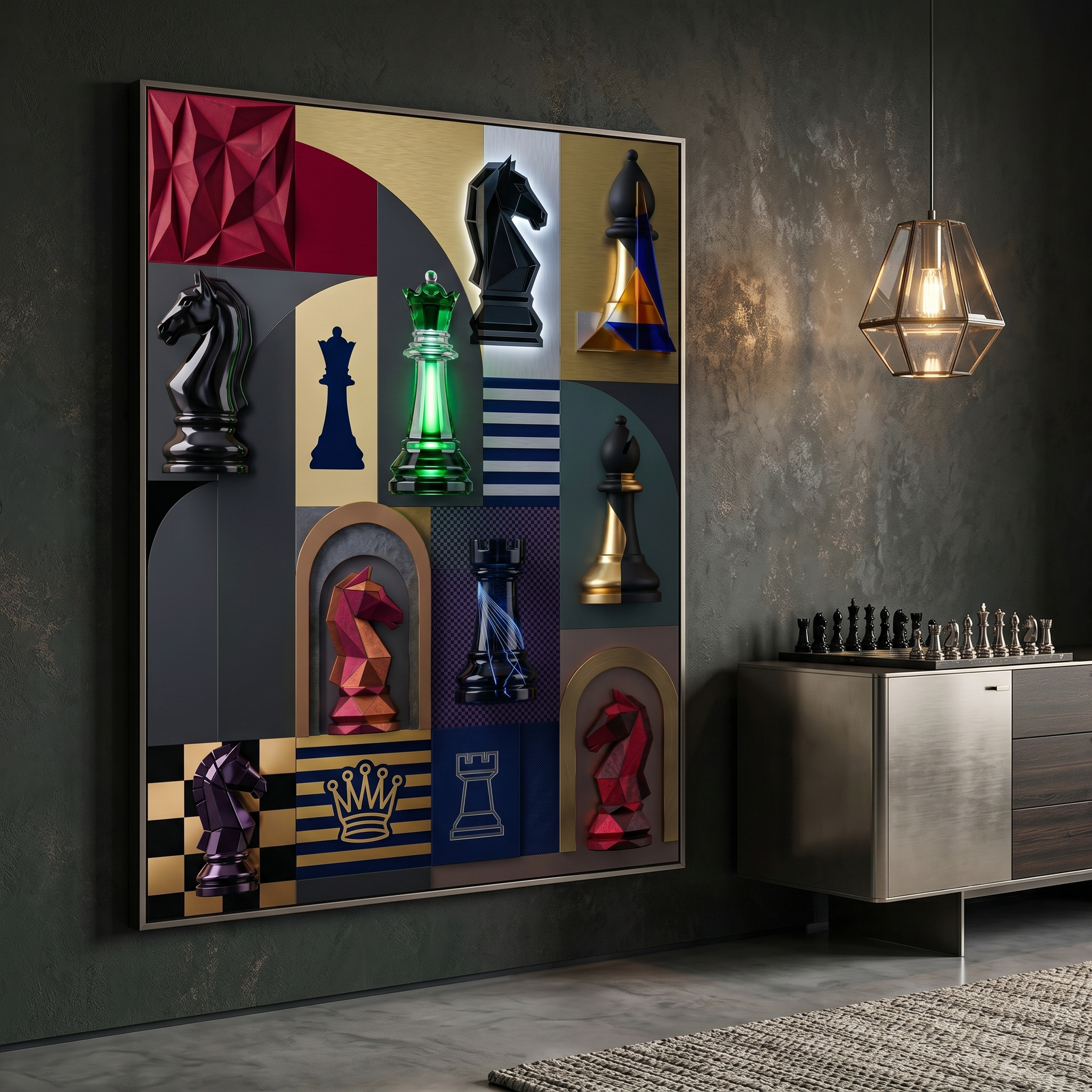 Chess wall art poster or canvas — sizes 16x20 to 30x40 inches, dark abstract chess pieces collage, made to order