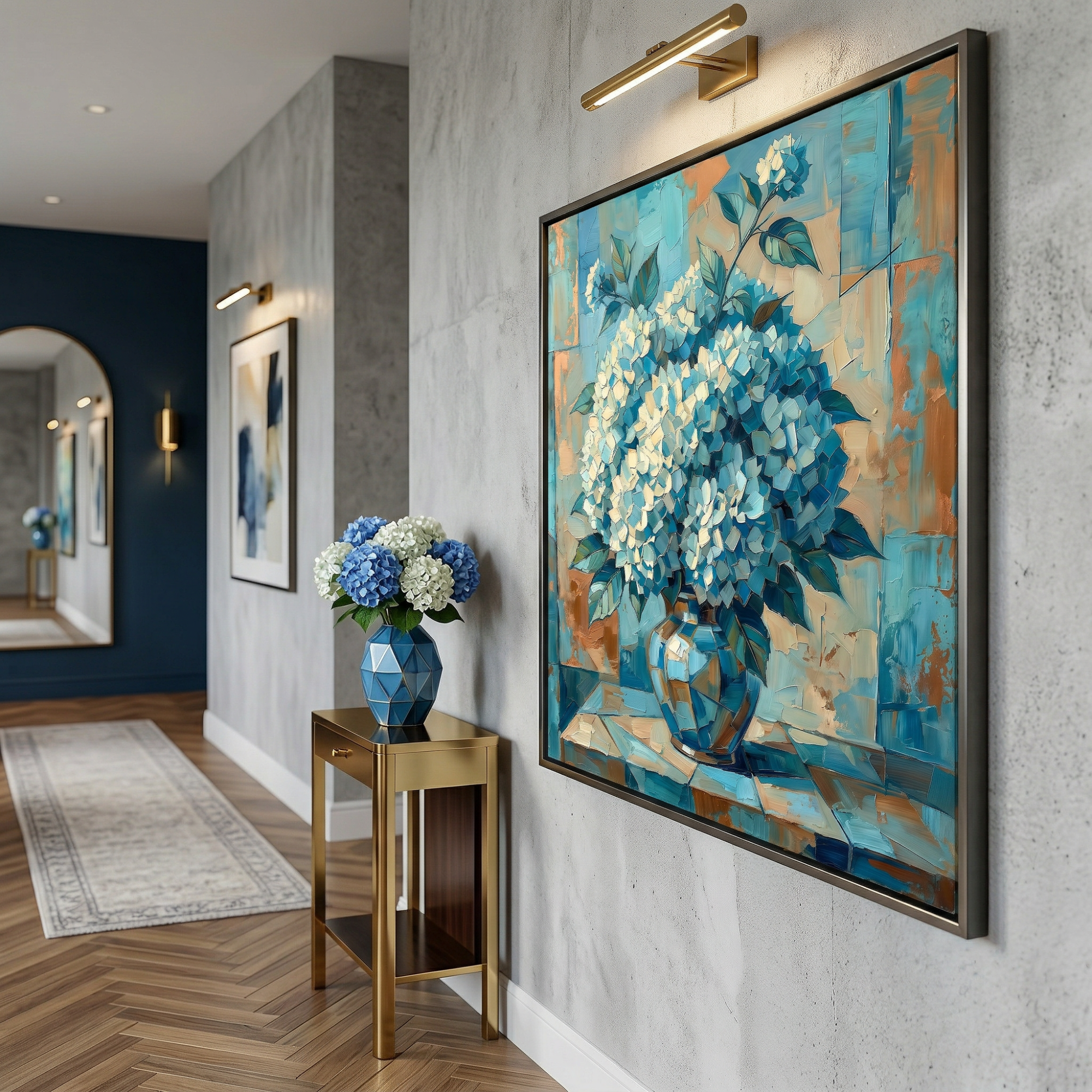 The first thing you see when you walk in — blue hydrangea print that makes a narrow entryway feel like an arrival