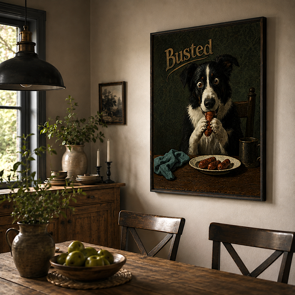 Funny dog print catching a sausage thief mid-act, dog portrait art