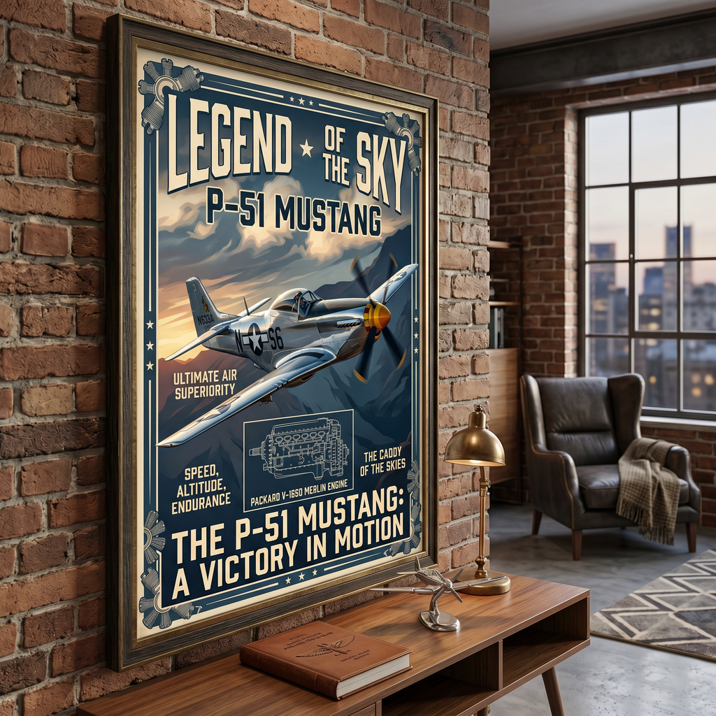 Vintage P-51 Mustang poster detail — bold retro typography, WWII style aviation wall art print