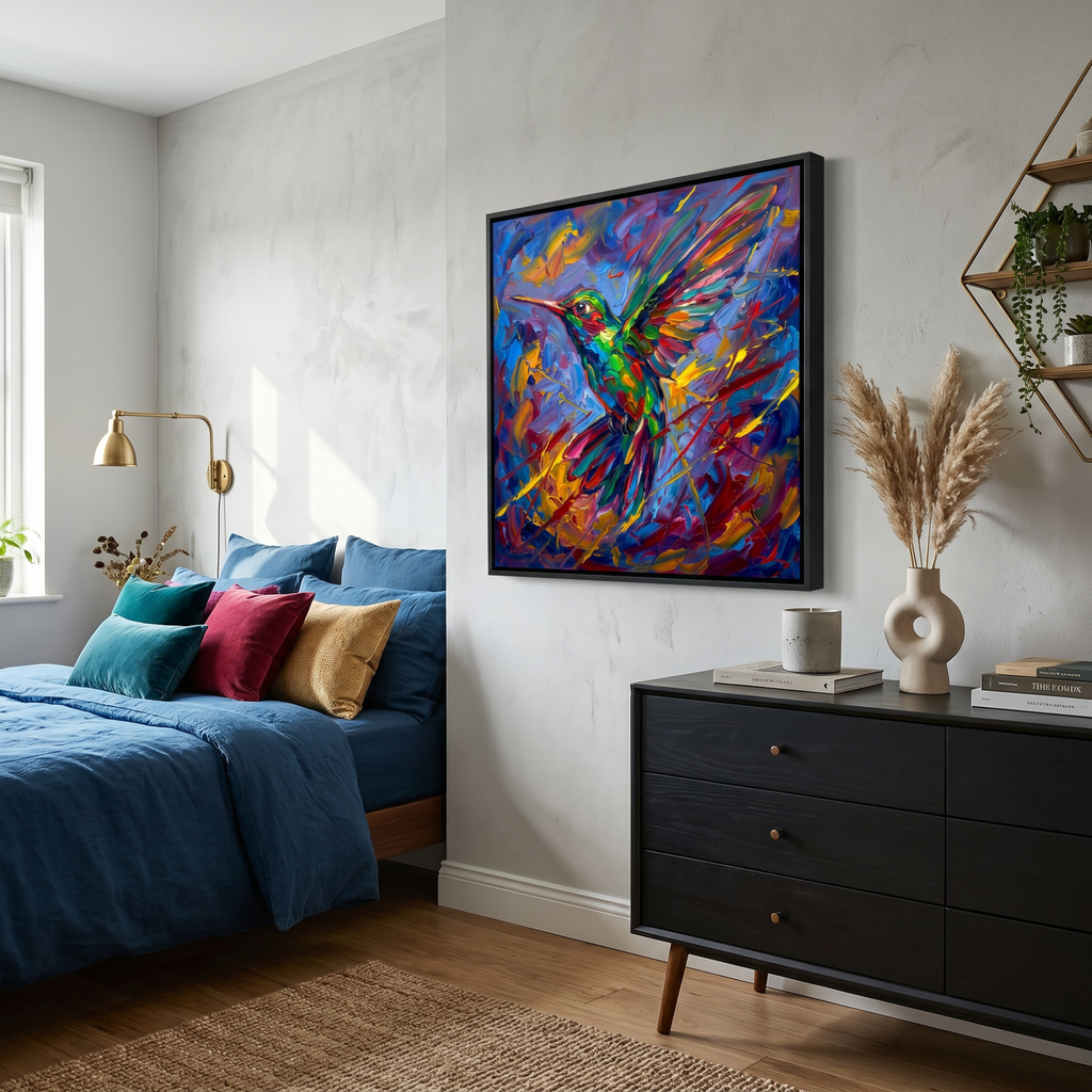 Hummingbird canvas print on white wall — colorful bird wall art, gallery wrap, living room and bedroom decor