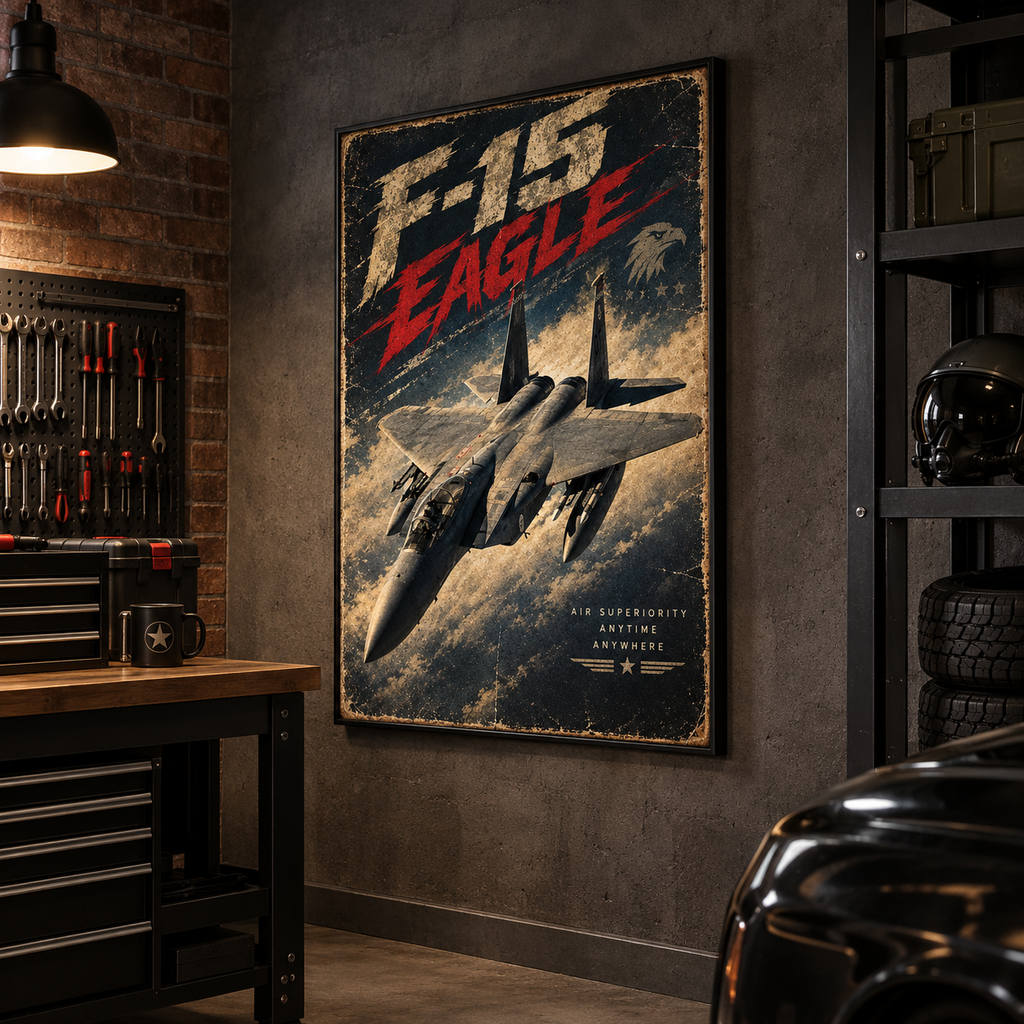 F-15 Eagle jet aircraft art in a navy, cream and red color palette, vertical 3:4 poster composition
