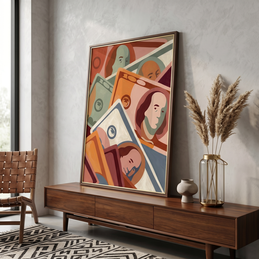 Money wall art print – flat graphic dollar bill illustration, terracotta sage and steel blue, archival matte or canvas