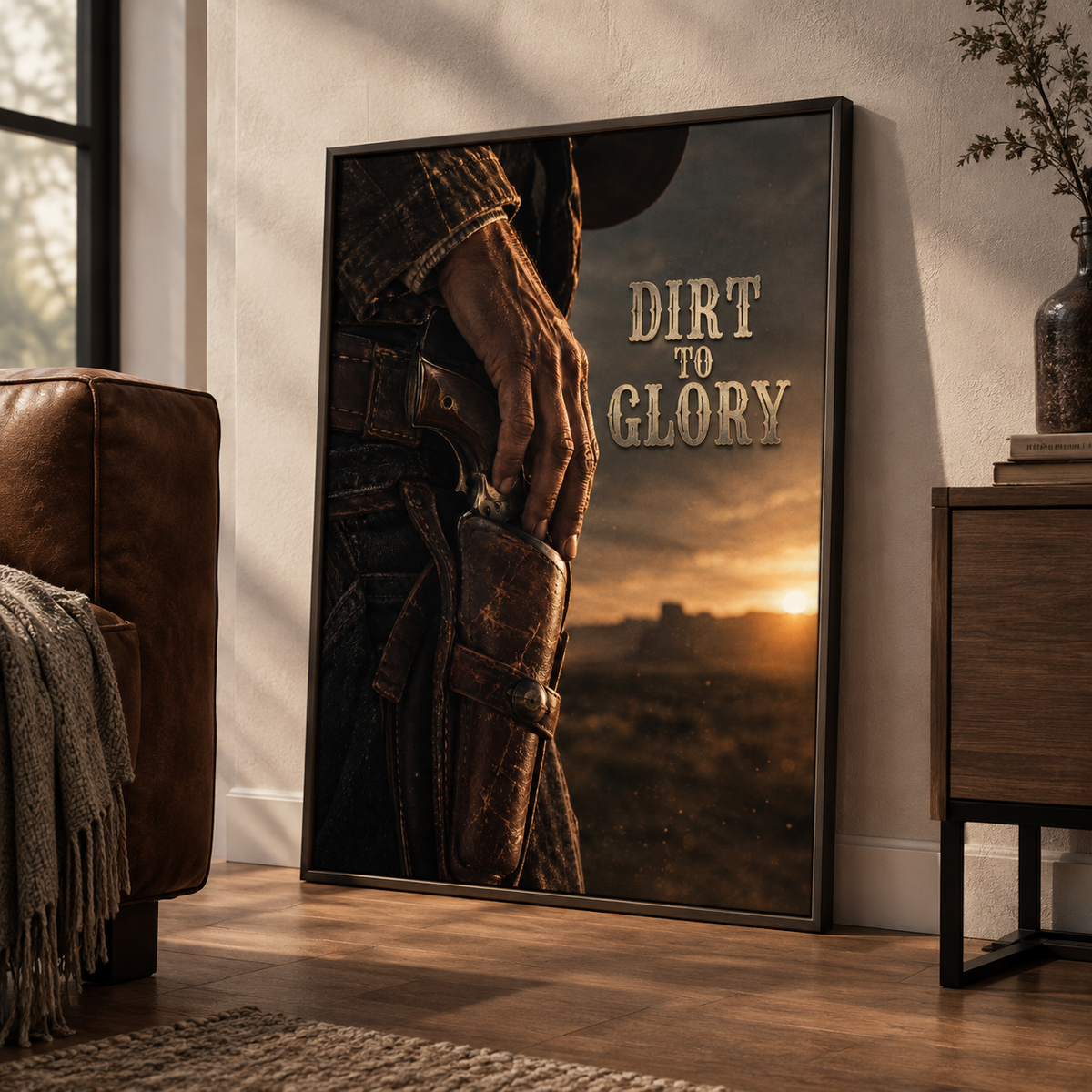Close-up poster of a cowboy's hand above a holstered revolver at sunset, with "Dirt to Glory" in gold Western lettering