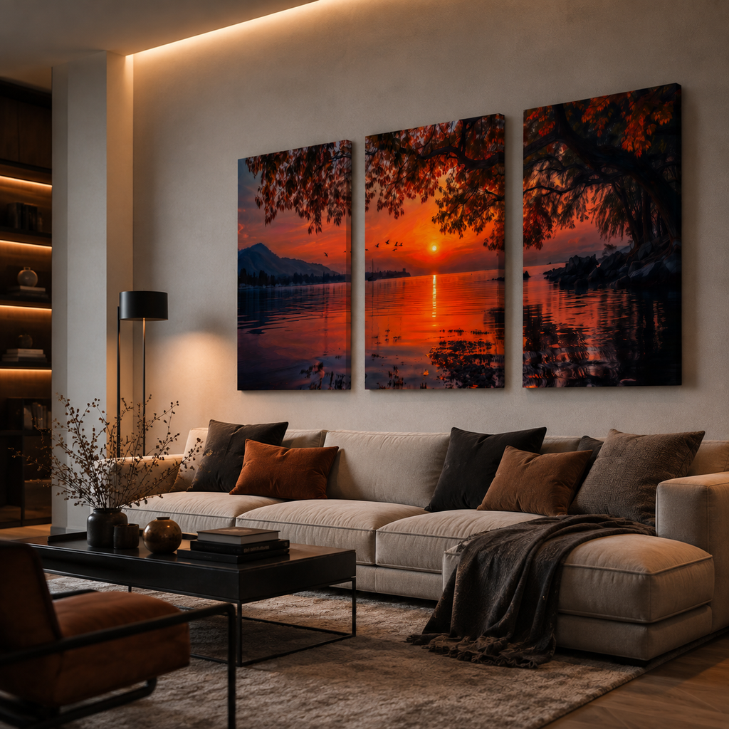Sunset lake triptych canvas wall art, autumn mountain landscape print, 3 piece set for living room